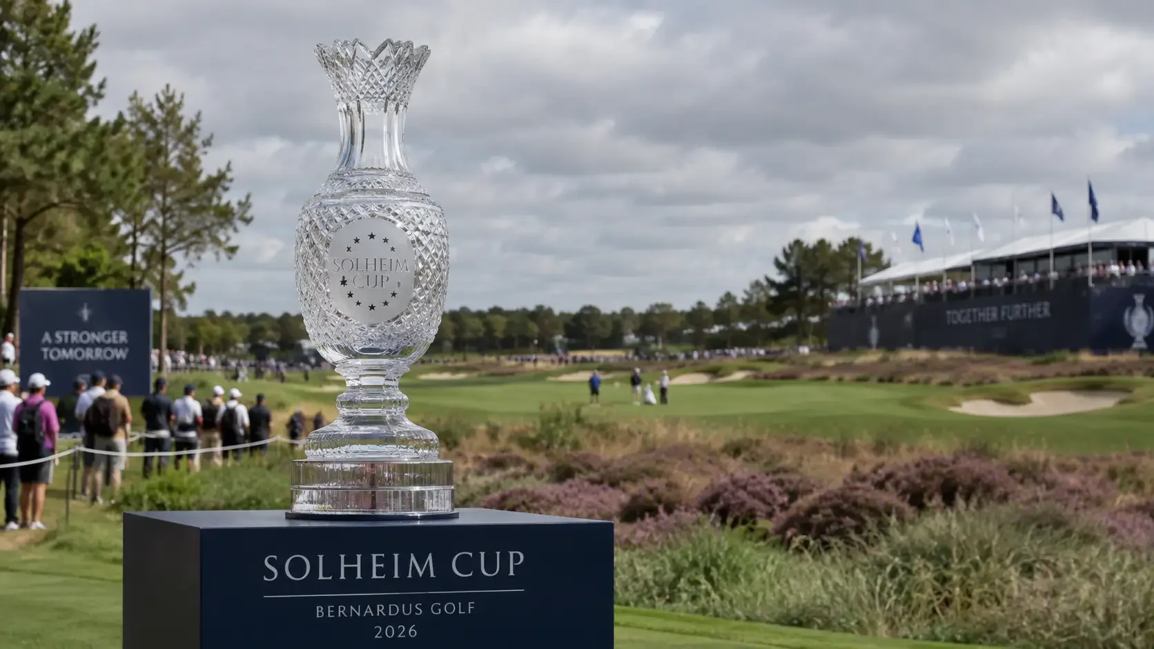 The Solheim Cup trophy on display at Bernardus Golf during the 2026 matches.