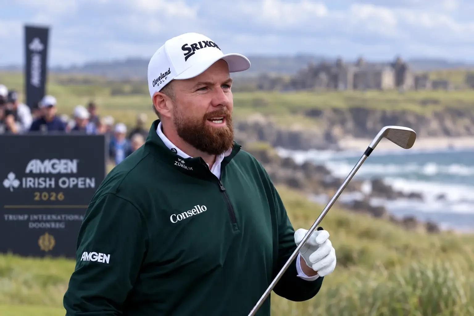 Shane Lowry tees off during the final round of the 2026 Amgen Irish Open at Trump International Doonbeg