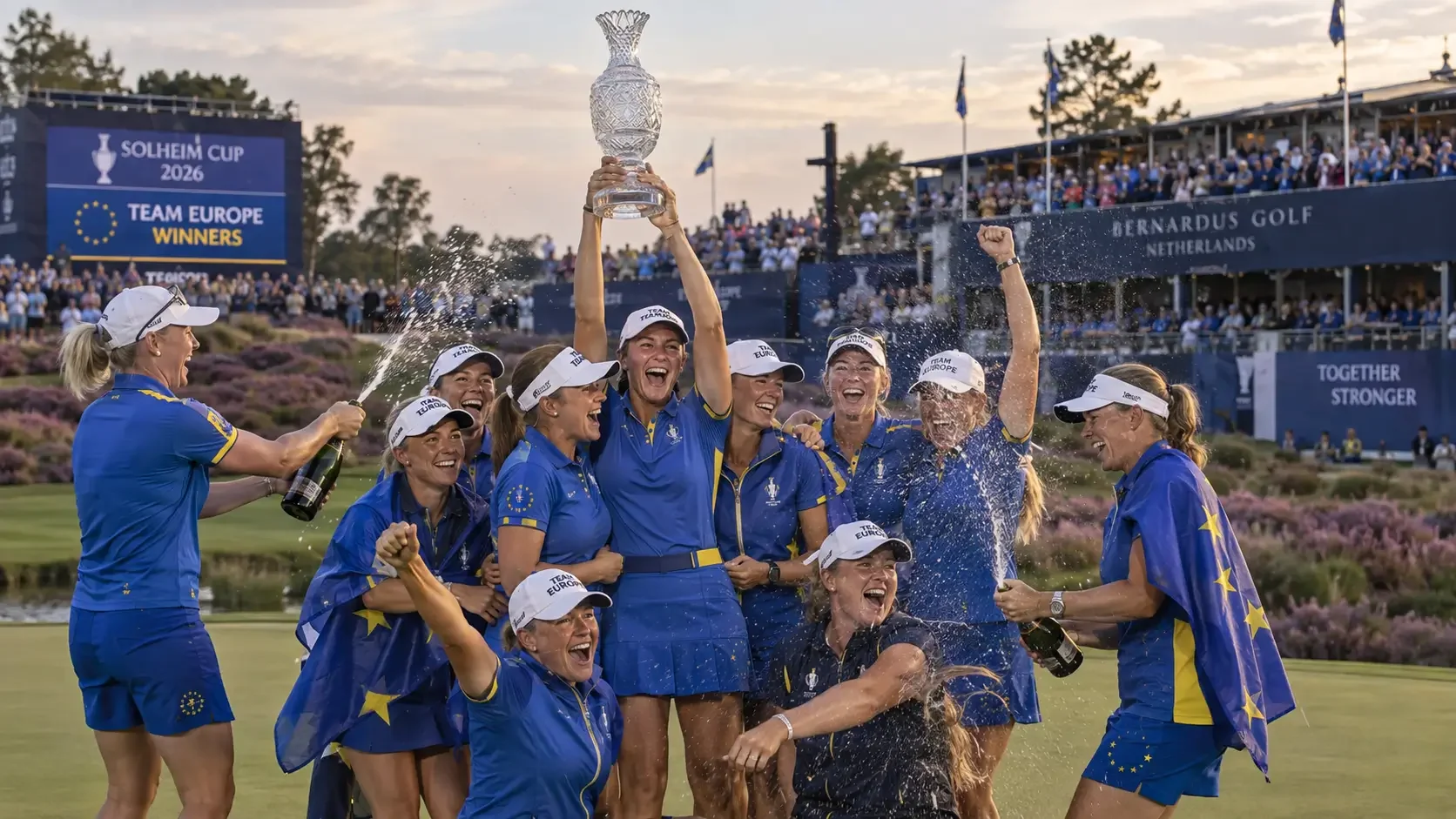 Team Europe celebrates winning the 2026 Solheim Cup at Bernardus Golf in the Netherlands.