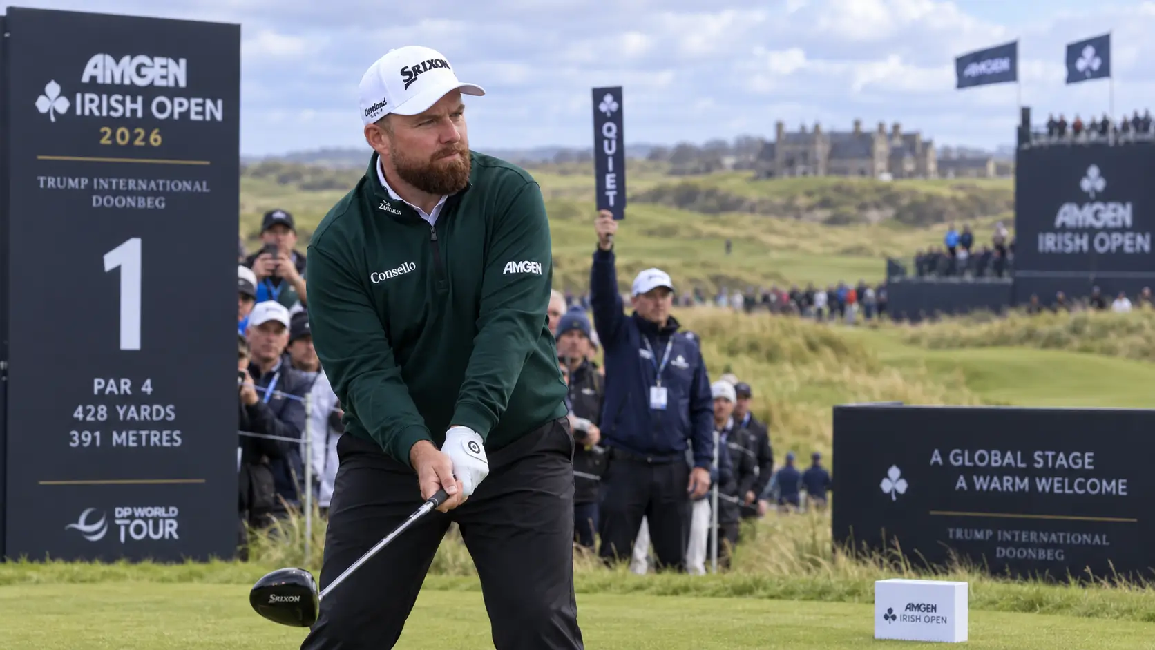 Shane Lowry begins the final round of the 2026 Amgen Irish Open at Doonbeg.