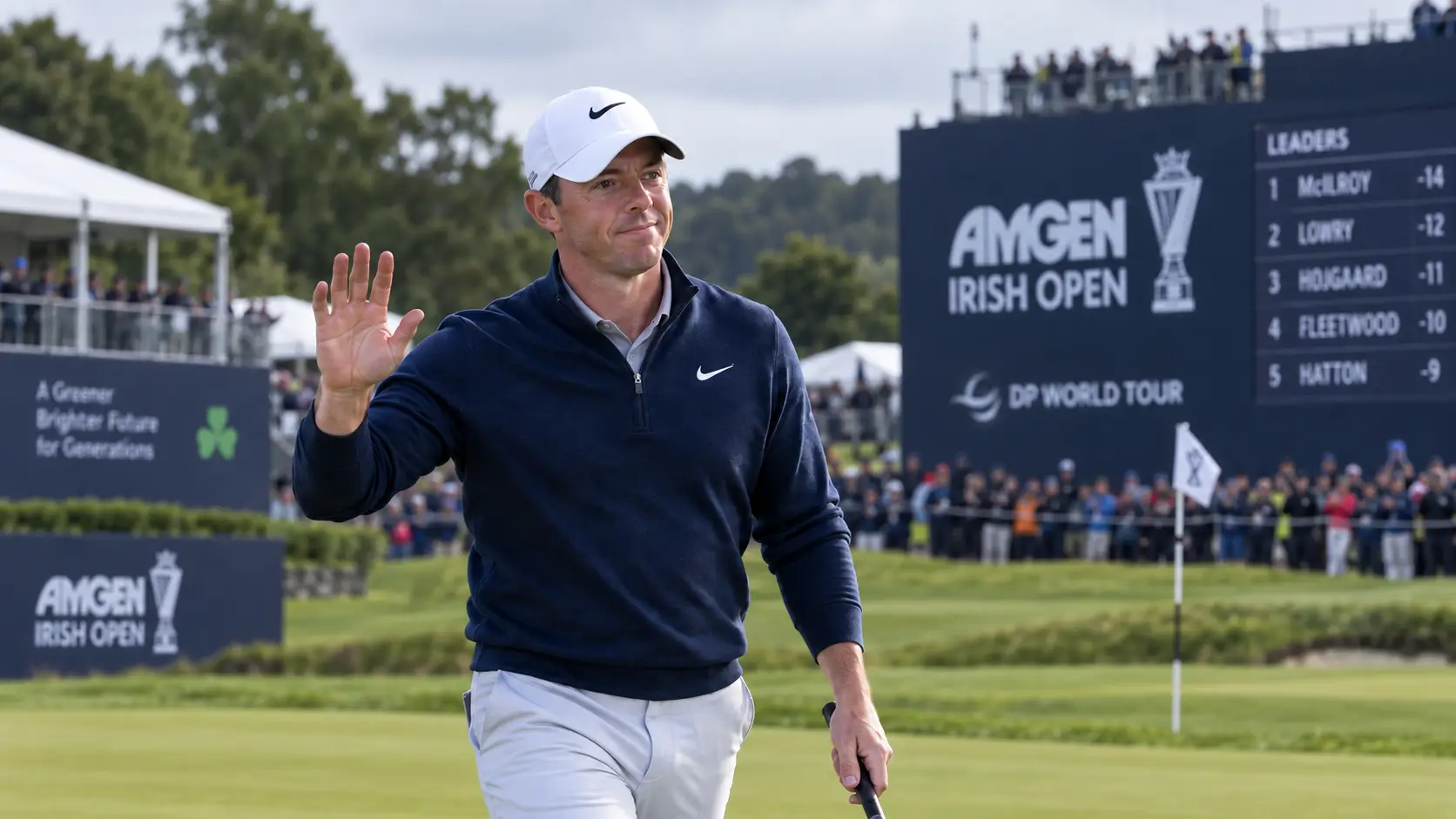 Rory McIlroy walks off the 18th green after his final round at the 2026 Amgen Irish Open at Doonbeg.