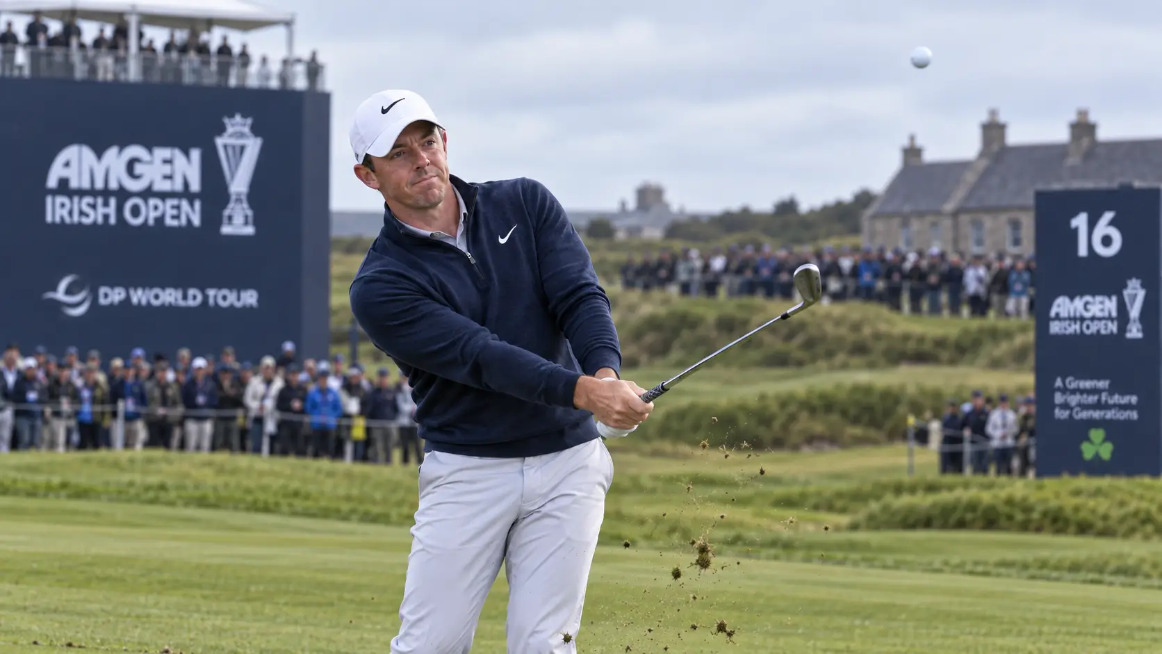 Rory McIlroy plays an approach shot during the final round of the 2026 Amgen Irish Open at Doonbeg.