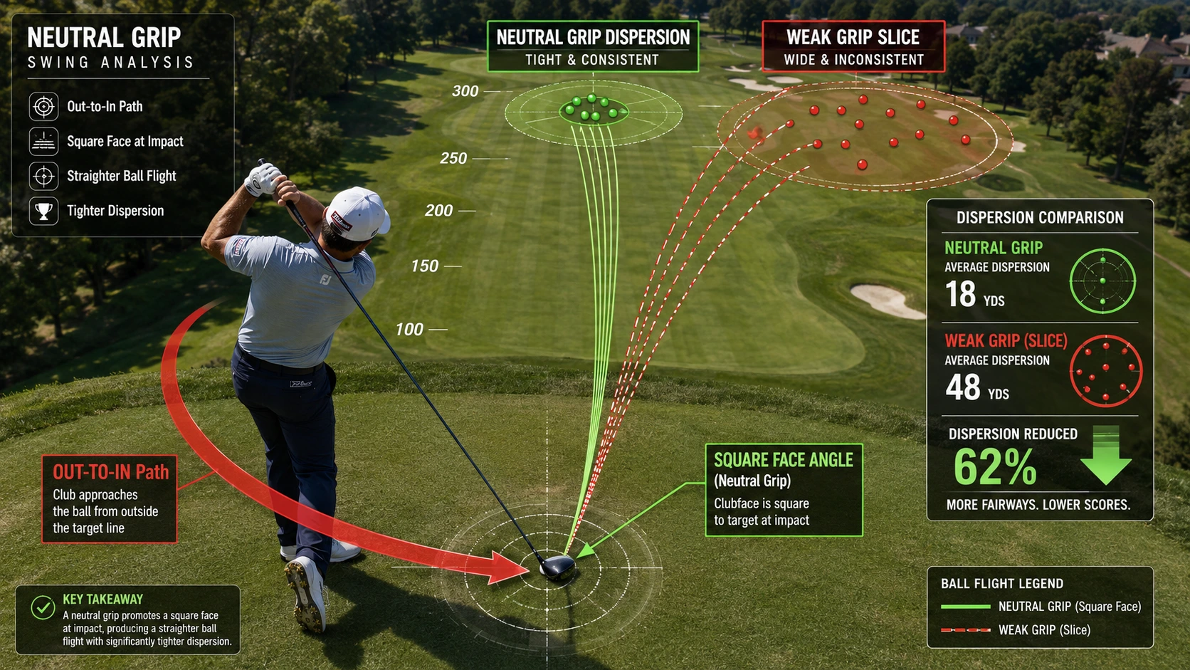 Golfer point of view at address showing two visible knuckles for neutral golf grip knuckle test