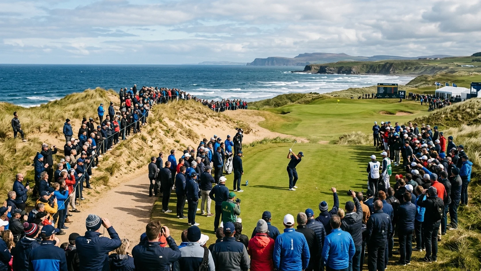 Golf fans following play along a seaside hole at a European tour event
