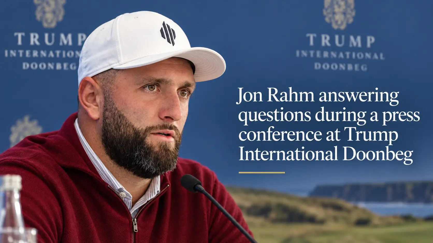 Jon Rahm answering questions during a press conference at Trump International Doonbeg