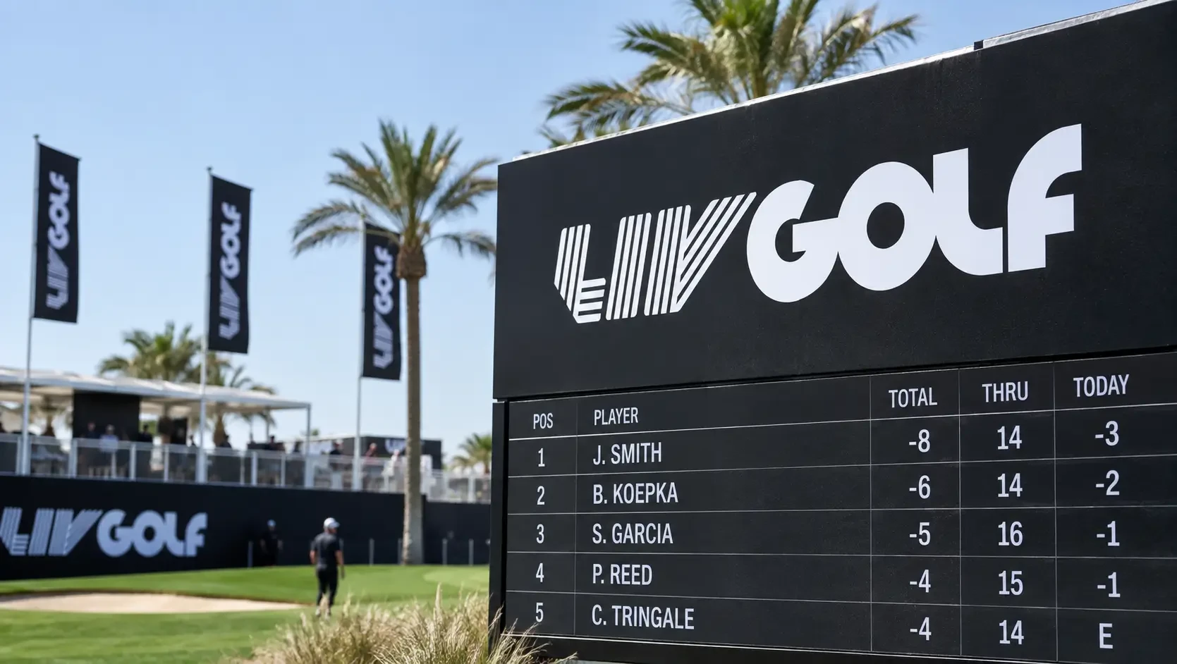 The LIV Golf logo displayed on a tournament leaderboard