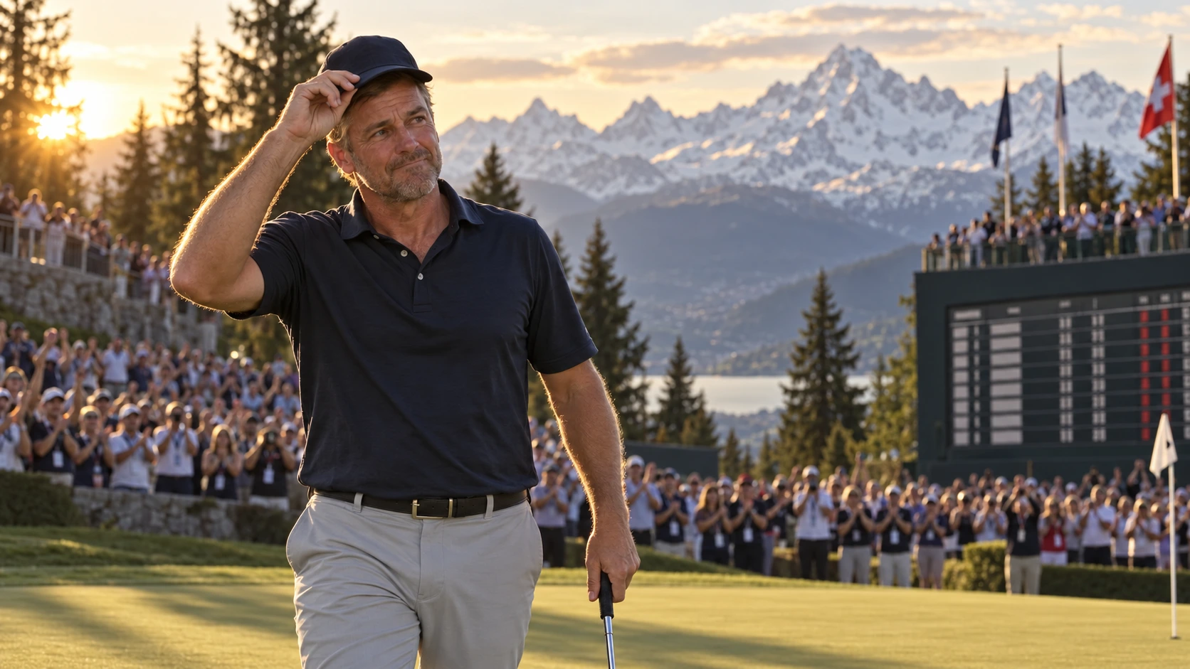 Paul Casey studies the 18th green during the final round of the 2026 Omega European Masters in Crans-Montana