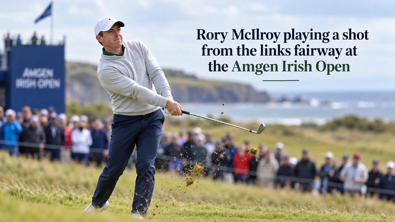 Rory McIlroy playing a shot from the links fairway at the Amgen Irish Open