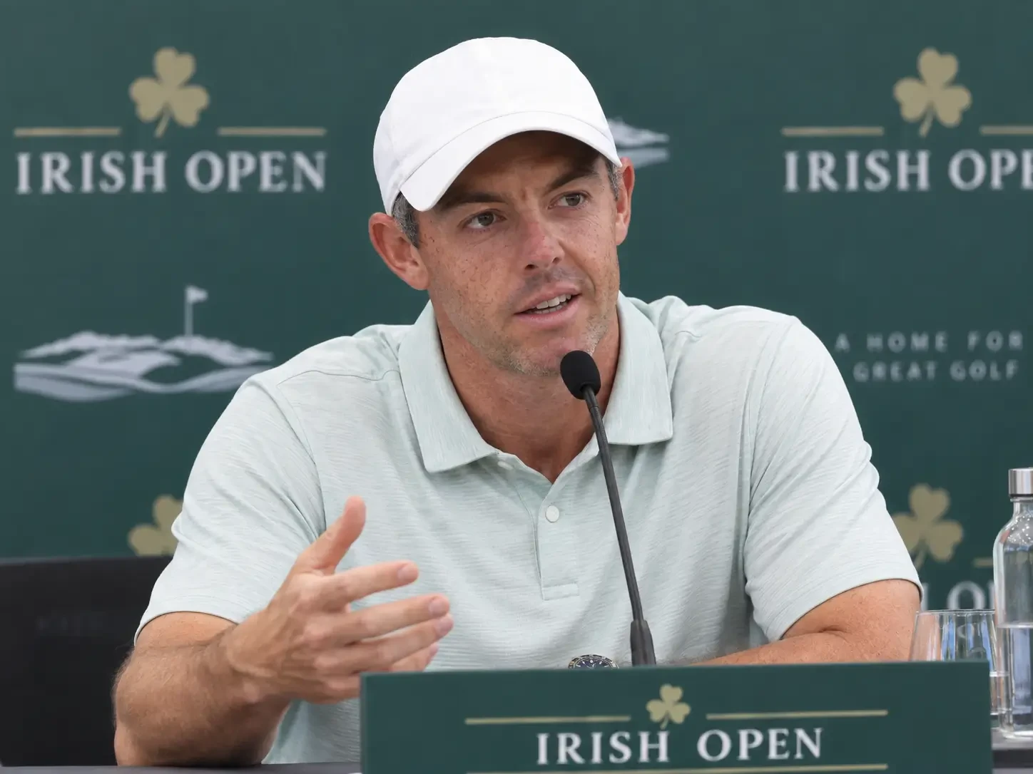 Rory McIlroy speaks at a press conference during the 2026 Irish Open.