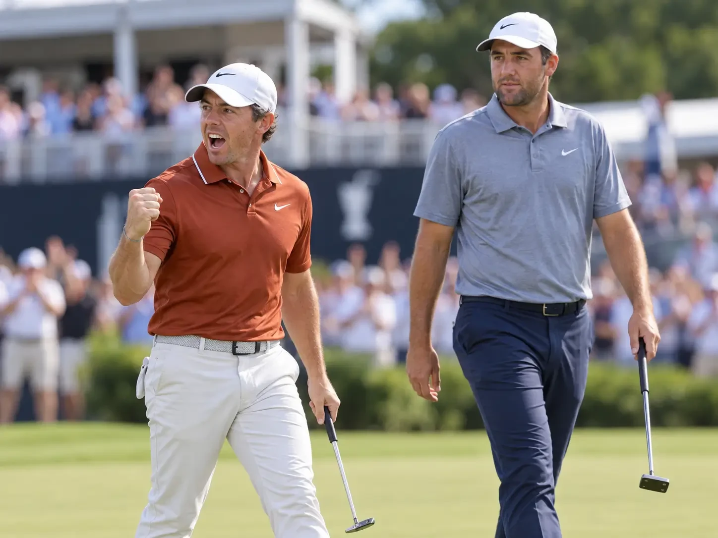 Rory McIlroy celebrating a putt alongside a calm Scottie Scheffler walking on the PGA Tour.