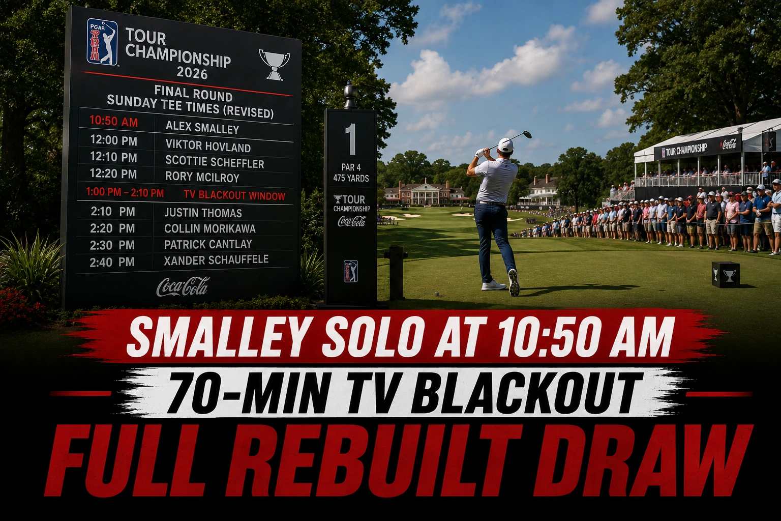 Starter board and 1st tee at East Lake Golf Club showing the revised Sunday tee times for the 2026 Tour Championship final round.