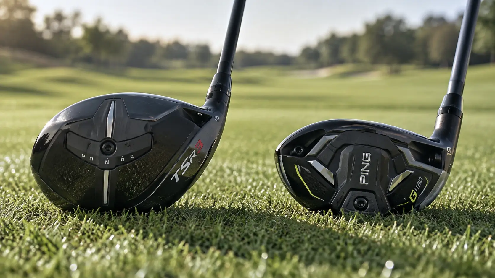 Side by side comparison of a 3 wood and a 3 hybrid clubhead resting on fairway turf