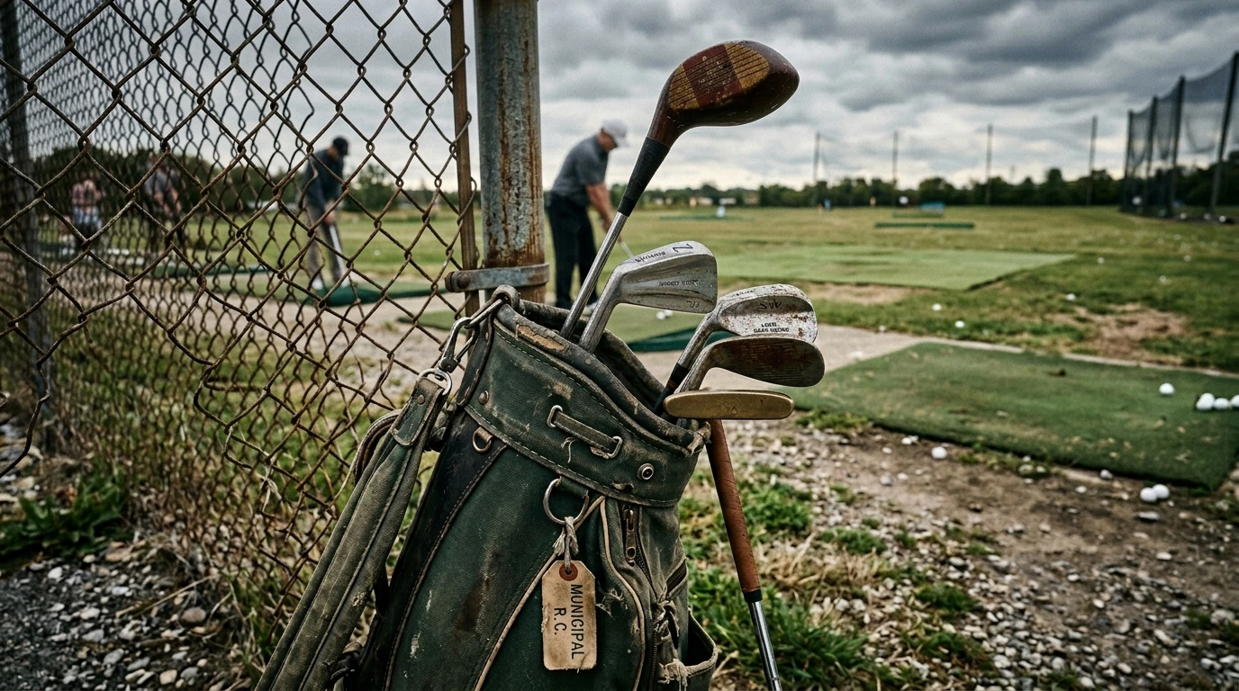 A simple starter set of golf clubs on a golf course, illustrating what beginners actually need