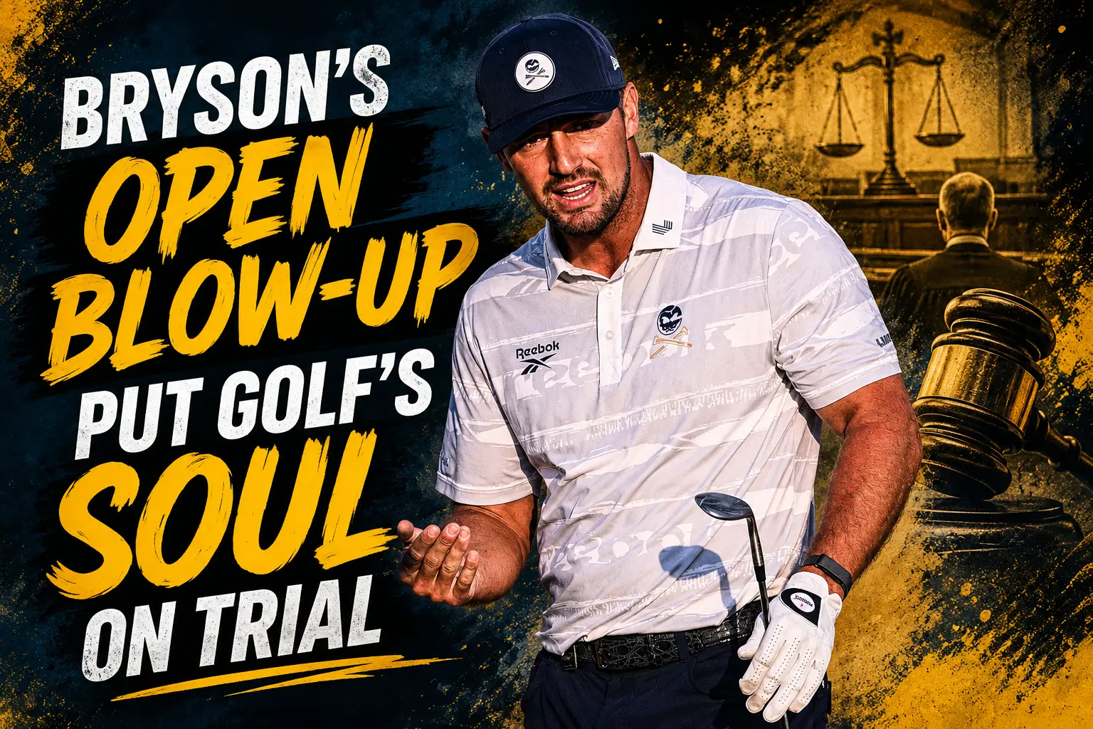 Bryson DeChambeau discusses a rules decision with officials in deep rough at Royal Birkdale during The Open Championship.