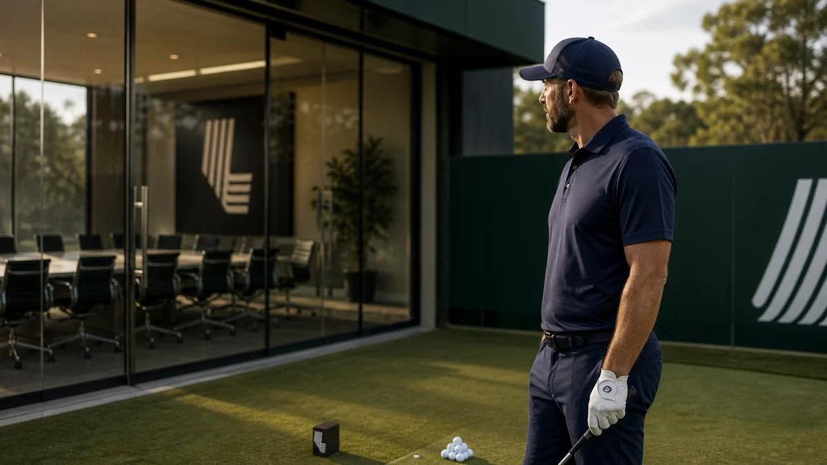 Editorial illustration of Dustin Johnson looking toward an empty golf-club meeting room