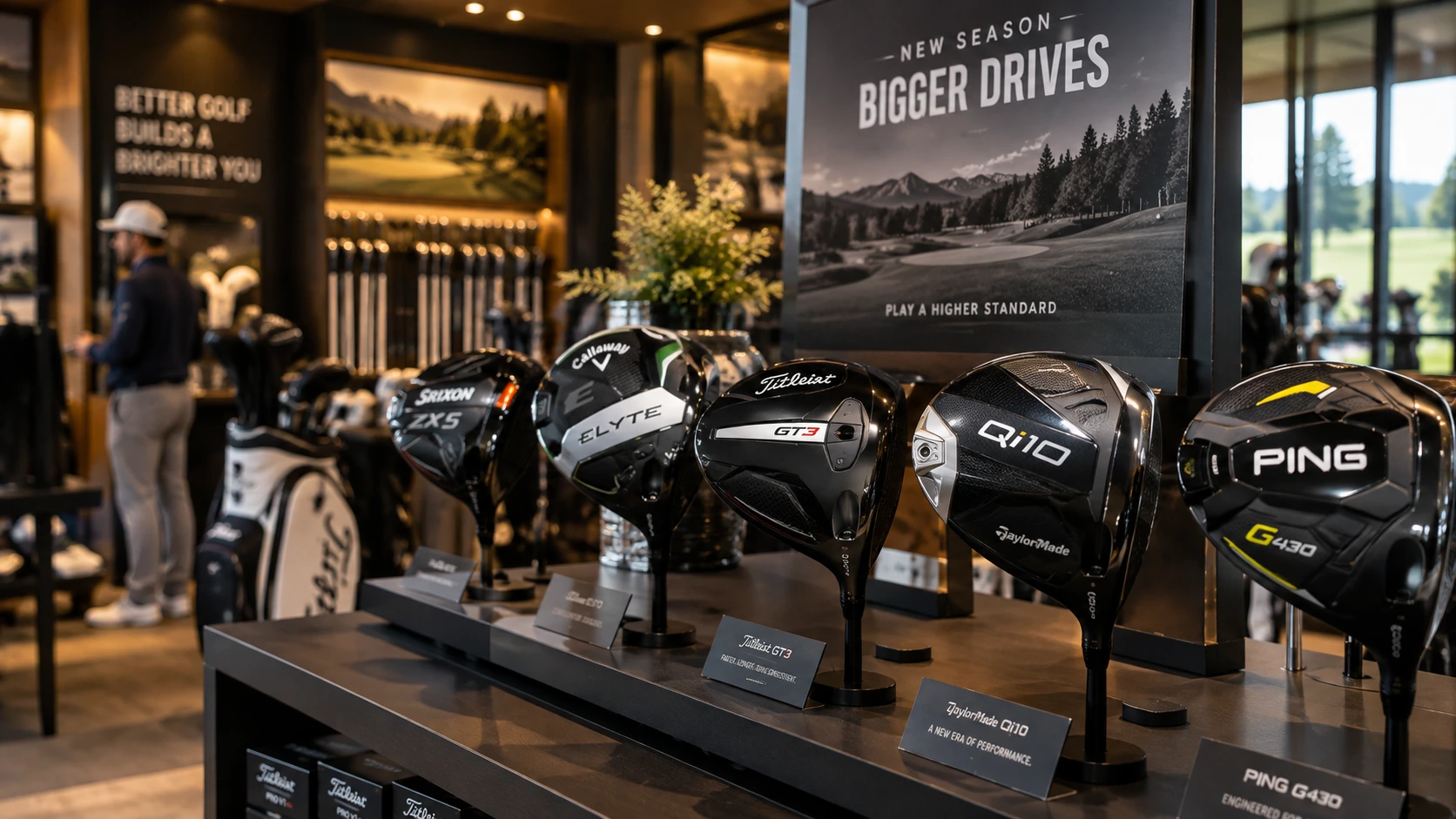 Black Friday golf deals display featuring discounted drivers and golf gear