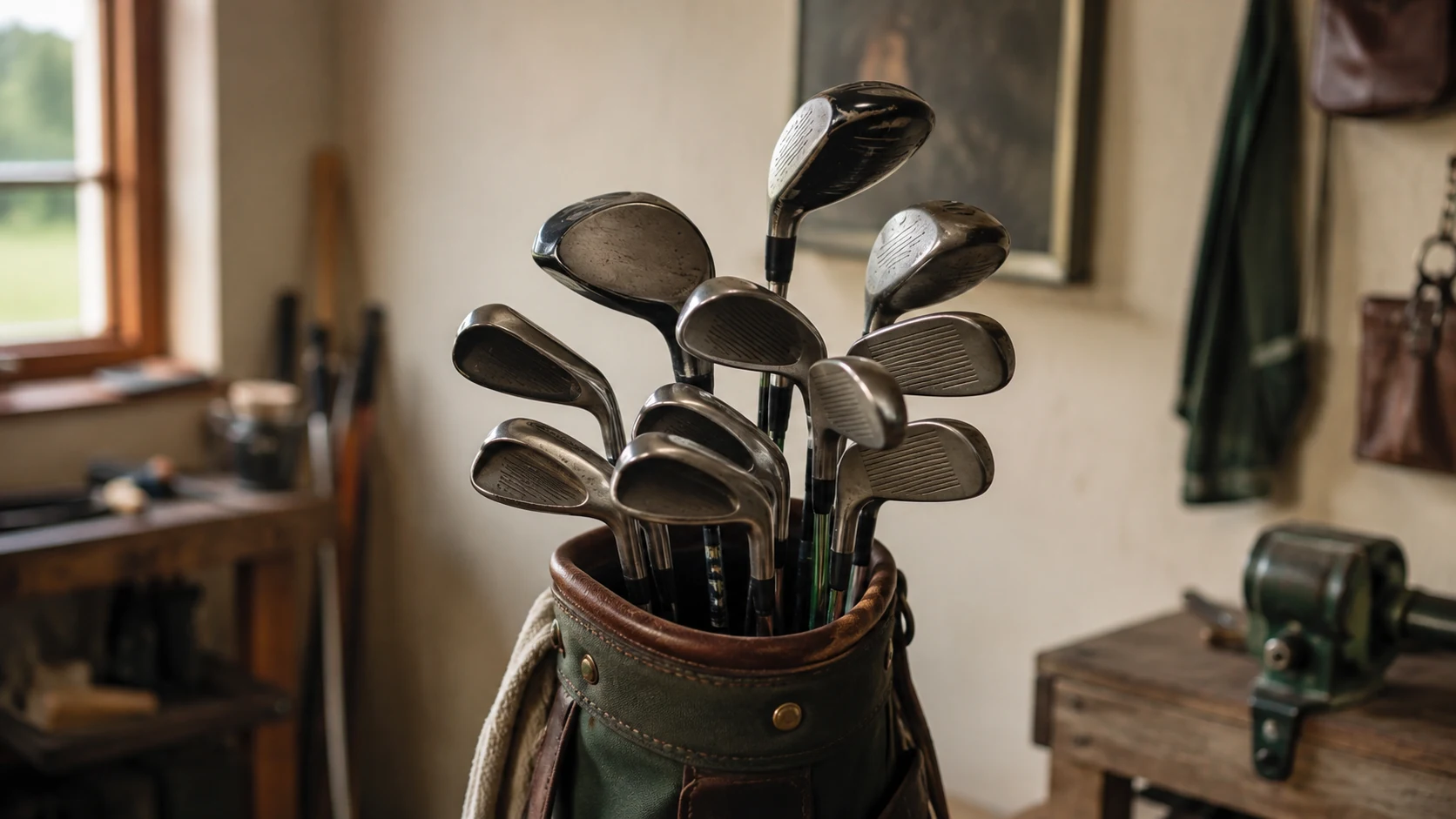 An assortment of older and well-used golf clubs in a golf bag showing honest groove and grip wear