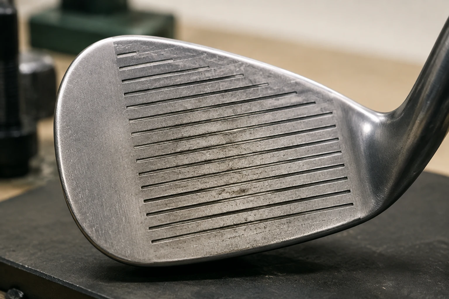 Close up of golf wedge face grooves showing wear and rounded edges from repeated sand and turf strikes
