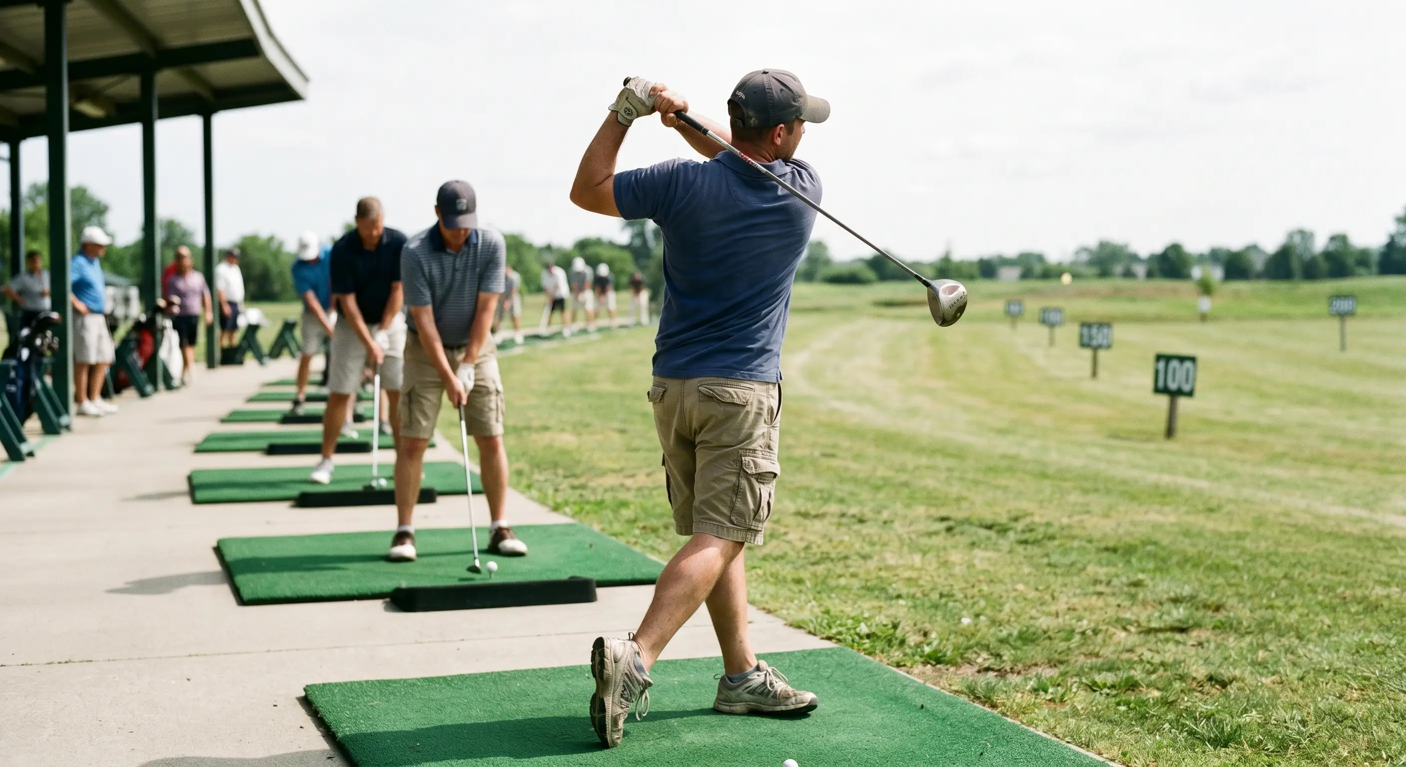 Amateur golfer practicing golf swing basics at the range
