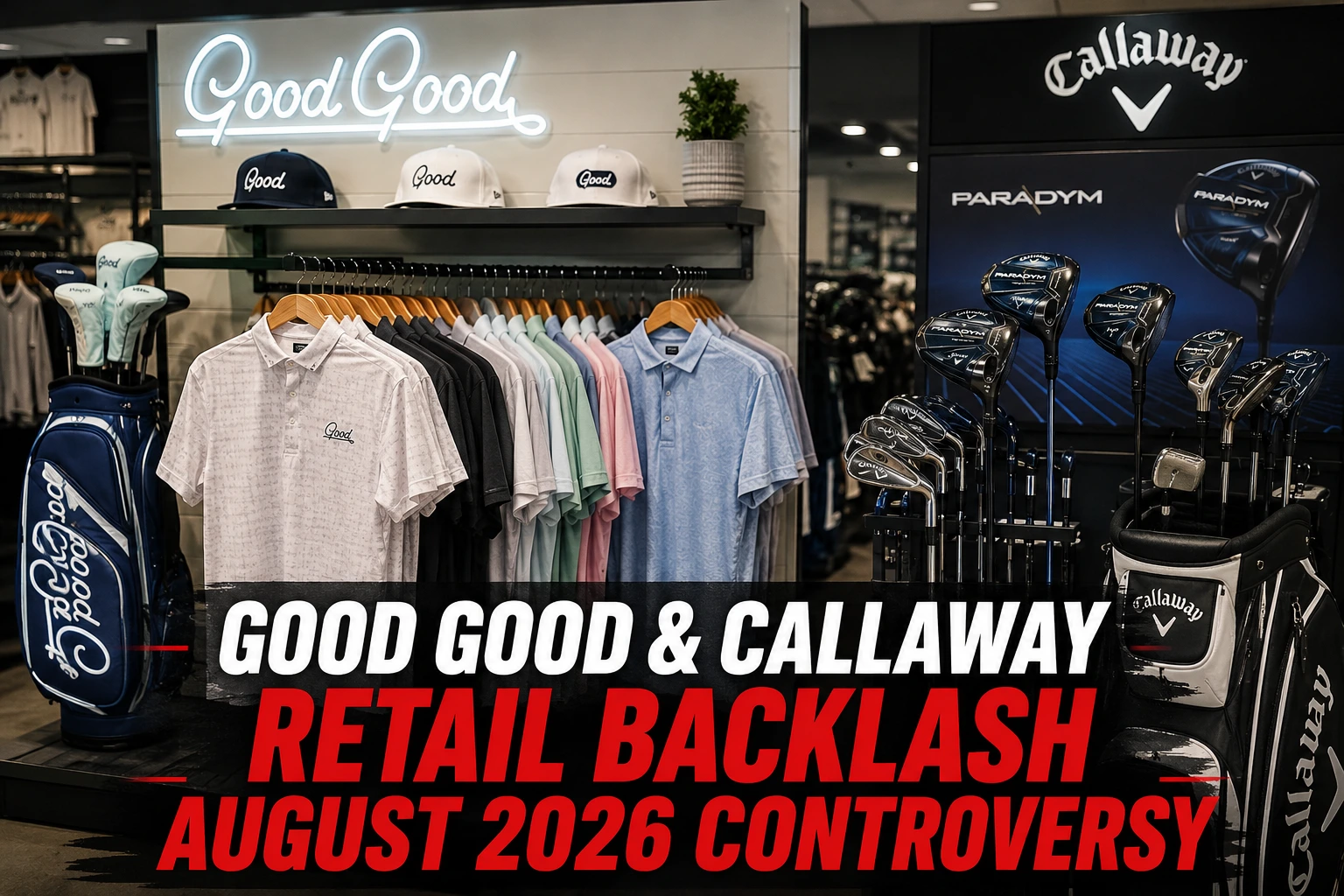 Good Good Golf apparel and Callaway equipment on display at a retail store amid the August 2026 controversy.