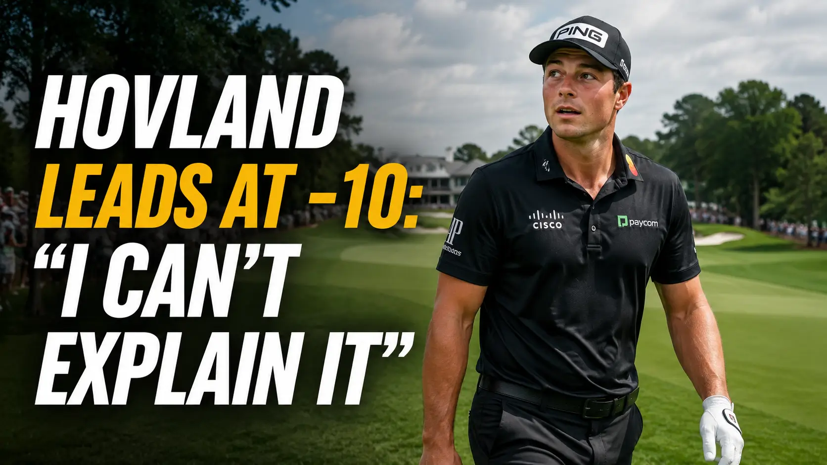 Viktor Hovland walking the fairway at East Lake Golf Club after posting a second-round 66 to tie for the 2026 Tour Championship lead.