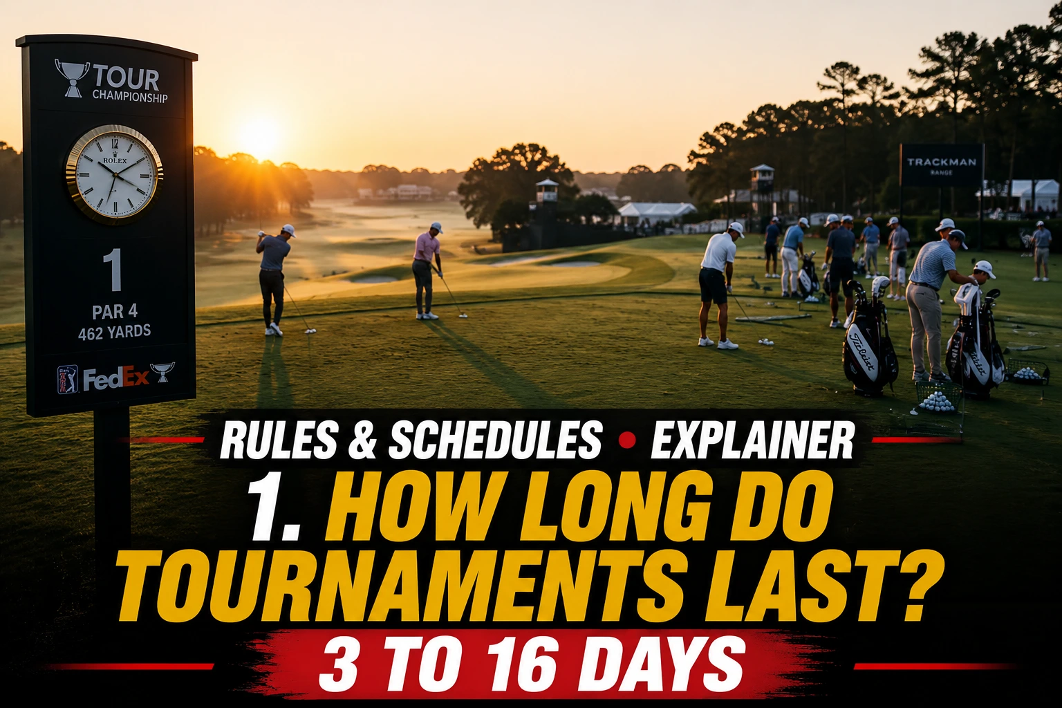 Early morning first-round tee times on a tournament course with players warming up on the practice range.
