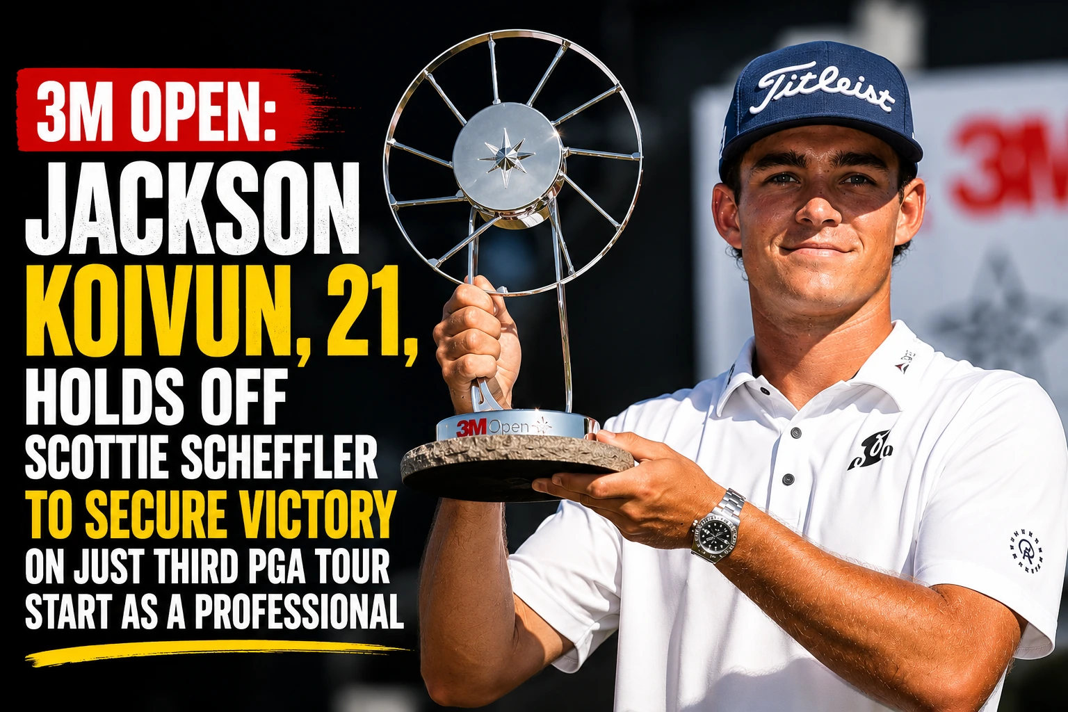 Jackson Koivun lifting the 3M Open trophy after winning at TPC Twin Cities.