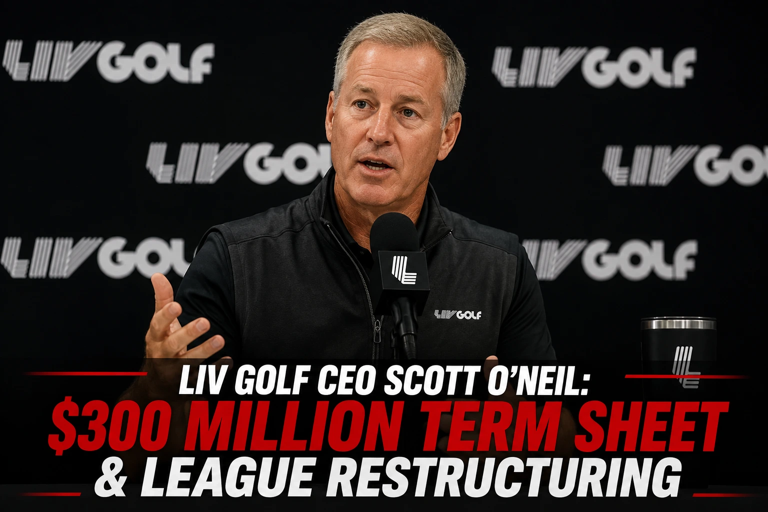 LIV Golf CEO Scott O'Neil speaking at a press conference regarding the $300 million funding term sheet and league restructuring.