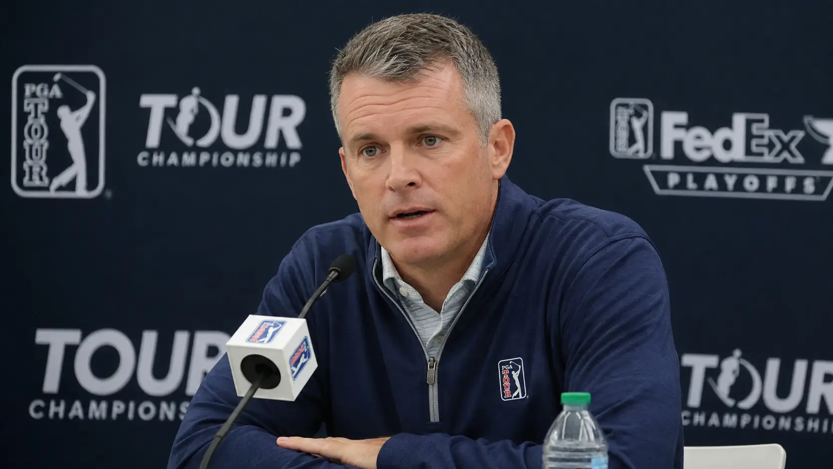 PGA Tour CEO Brian Rolapp addressing the media at East Lake ahead of the 2026 Tour Championship.