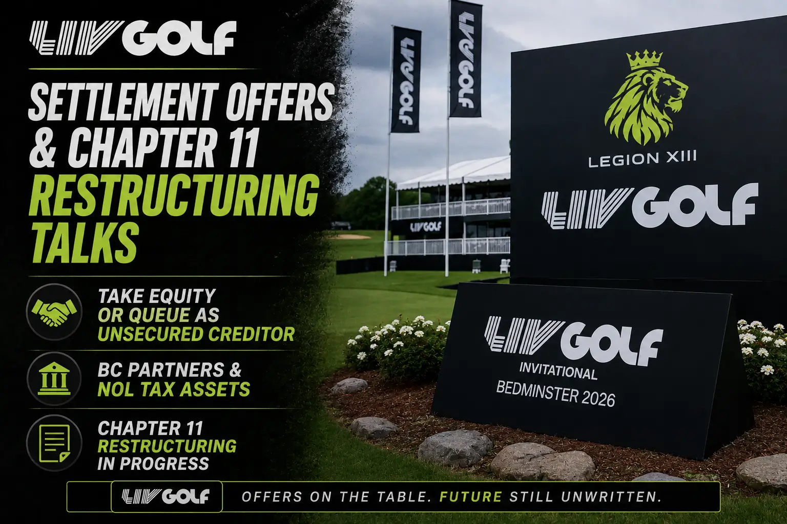 A LIV Golf team logo and tournament branding at a venue amid settlement offers and Chapter 11 restructuring talks.