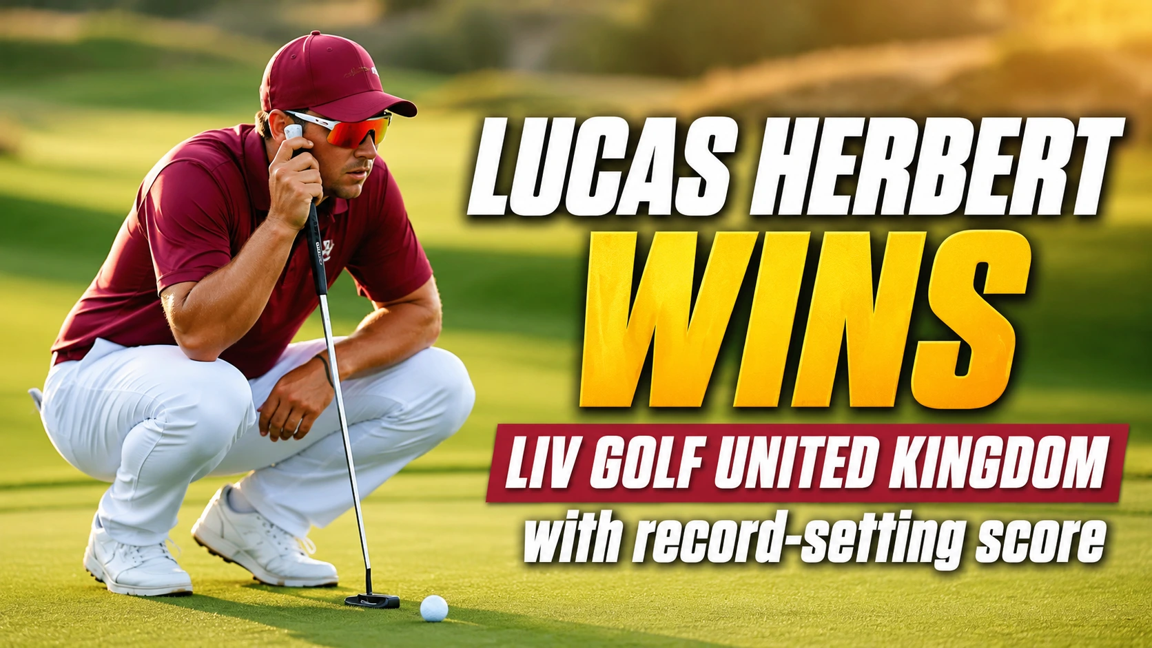 Lucas Herbert holding the trophy after winning LIV Golf United Kingdom with a record 30-under-par total at JCB Golf & Country Club.