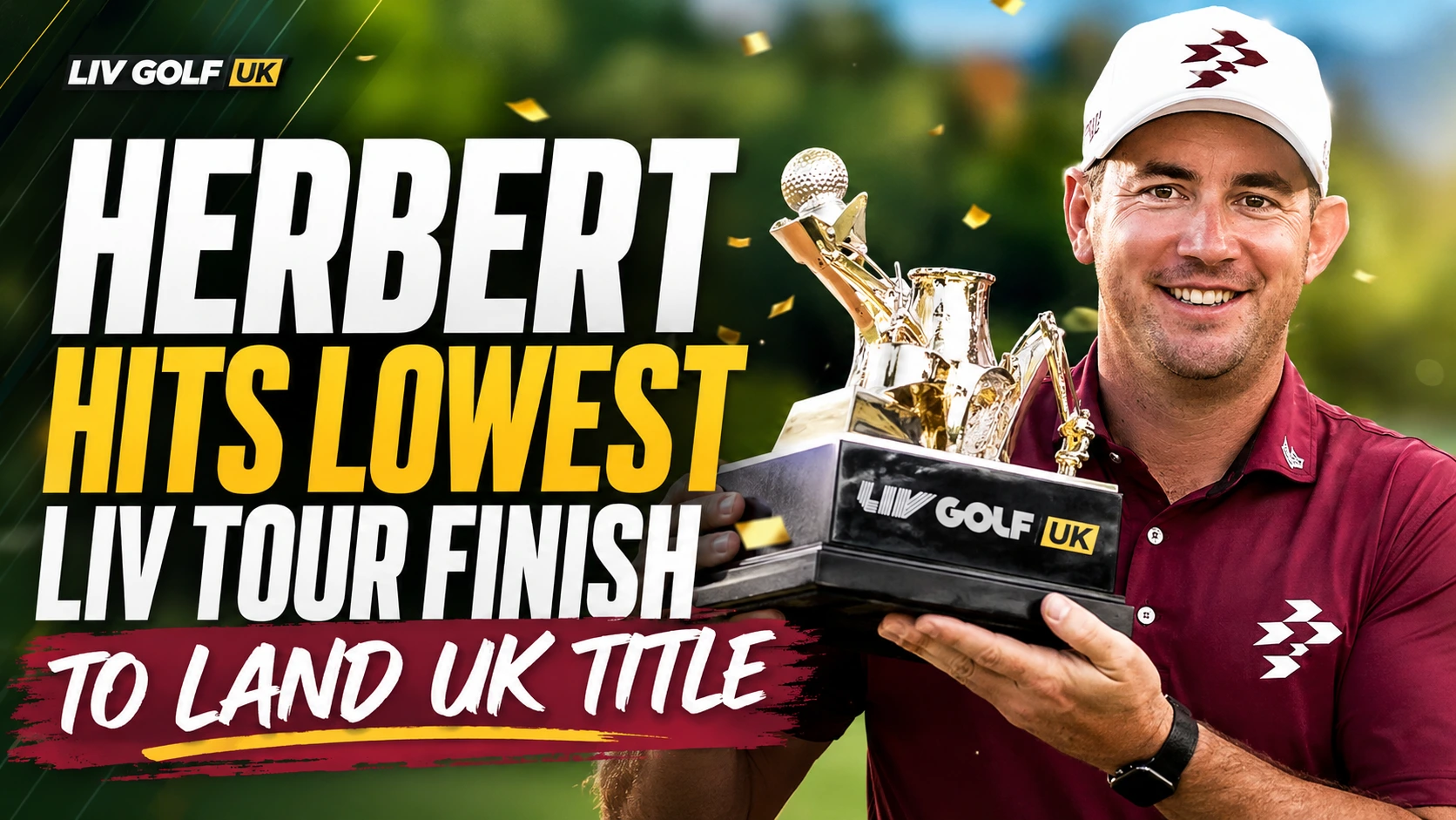 Lucas Herbert holding the trophy after winning LIV Golf UK with a record 30-under total at JCB Golf & Country Club.