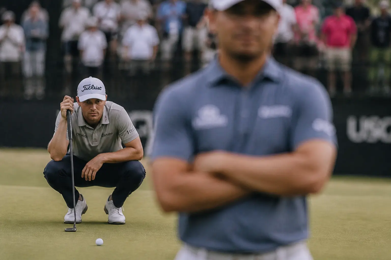 Two professional golfers glaring at each other during a match play tournament