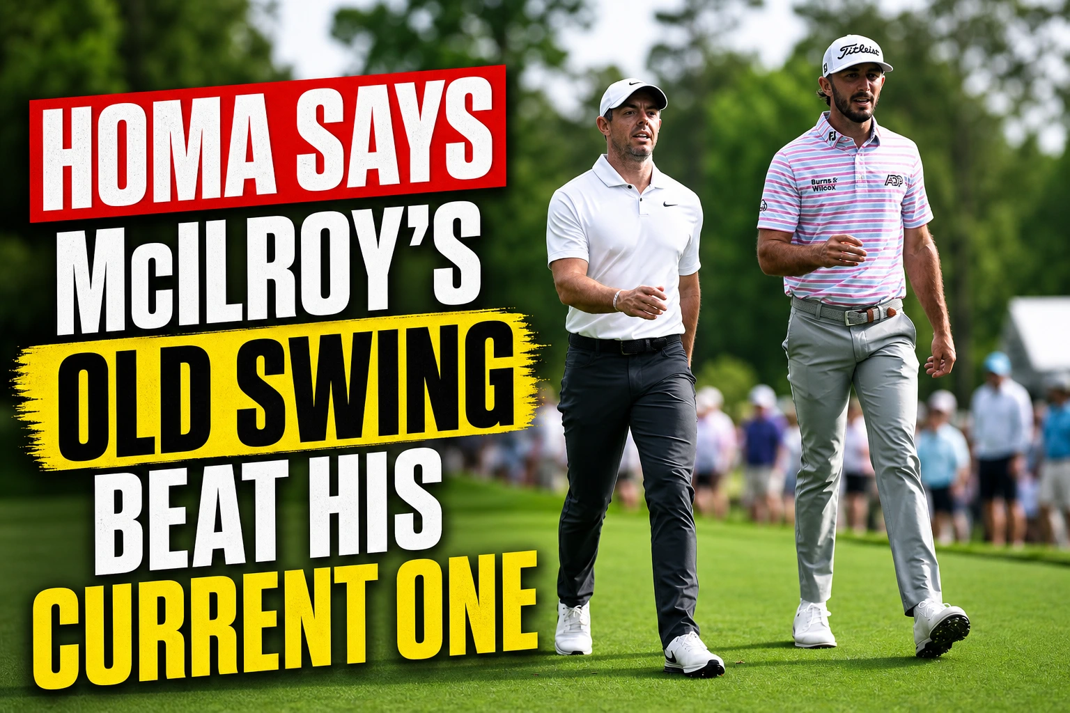 Max Homa watching Rory McIlroy swing on the driving range.
