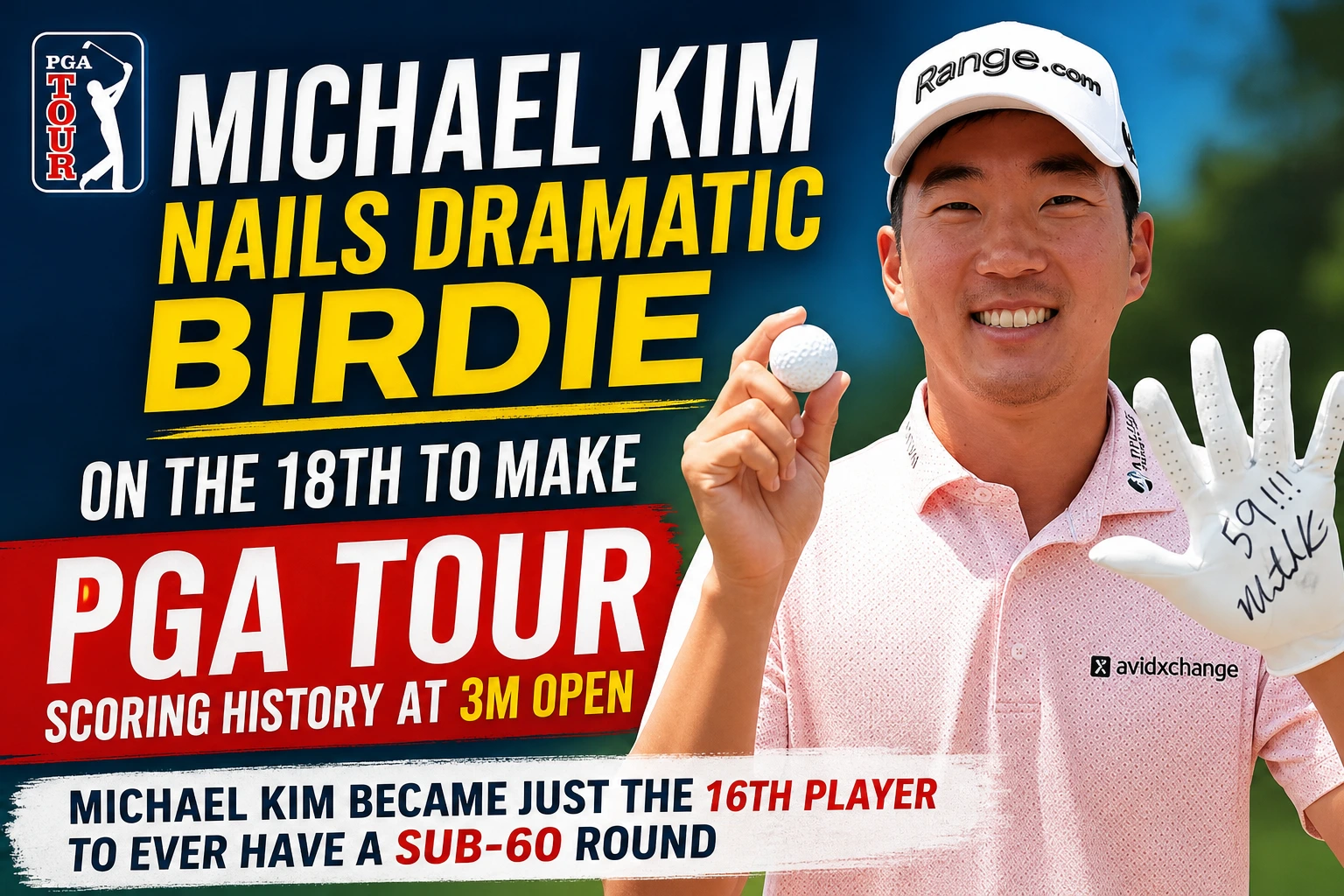 Michael Kim celebrates after sinking a 24-foot putt to shoot a 59 at the 3M Open.