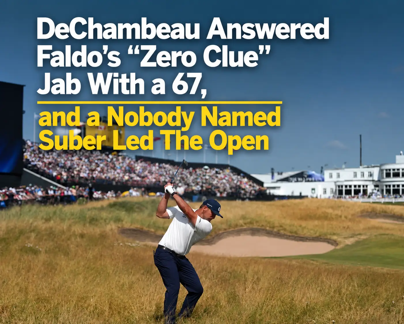 Bryson DeChambeau playing a controlled links shot at Royal Birkdale under a dramatic stormy sky