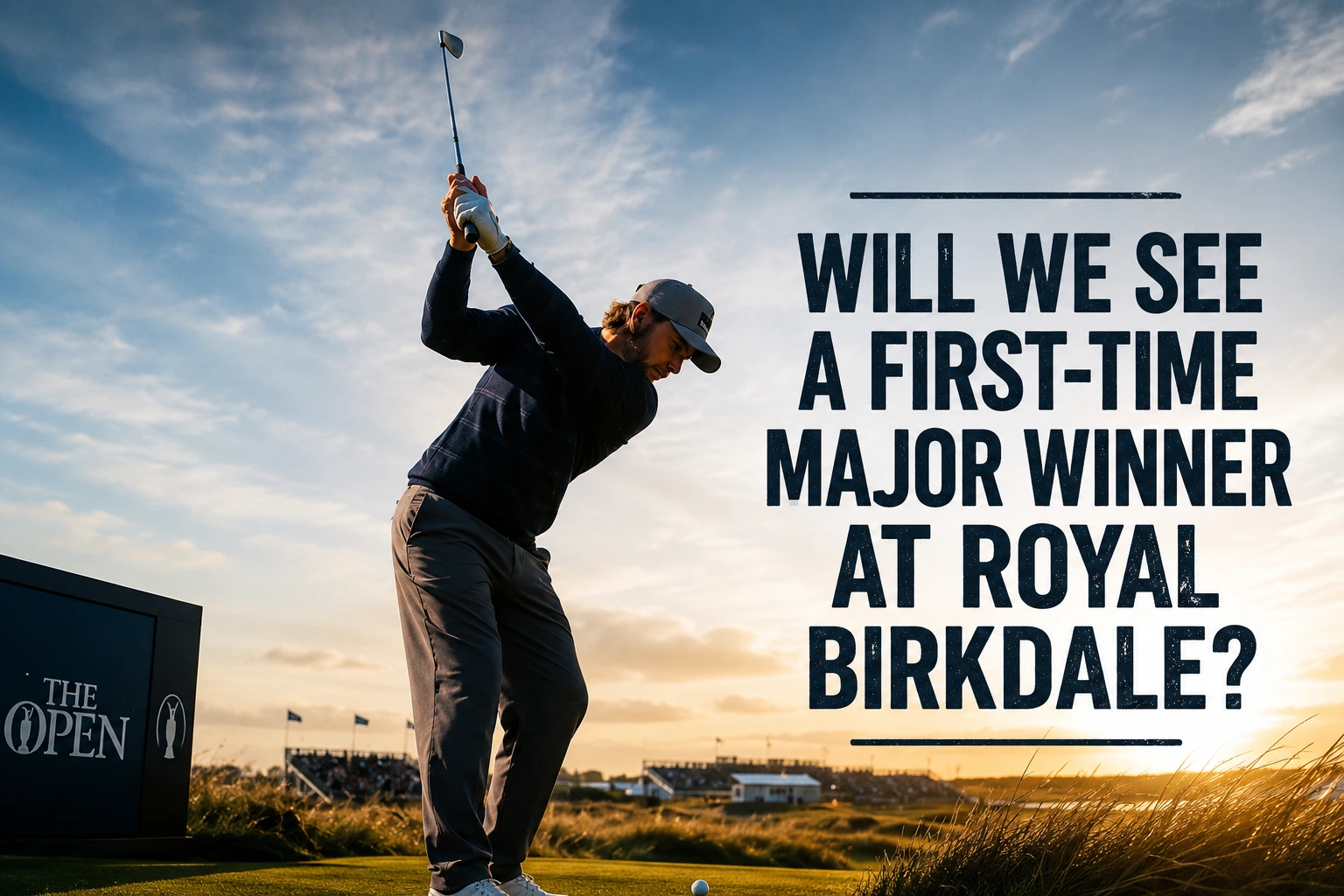 The iconic Claret Jug golf trophy at Royal Birkdale under a dramatic stormy sky with heavy winds