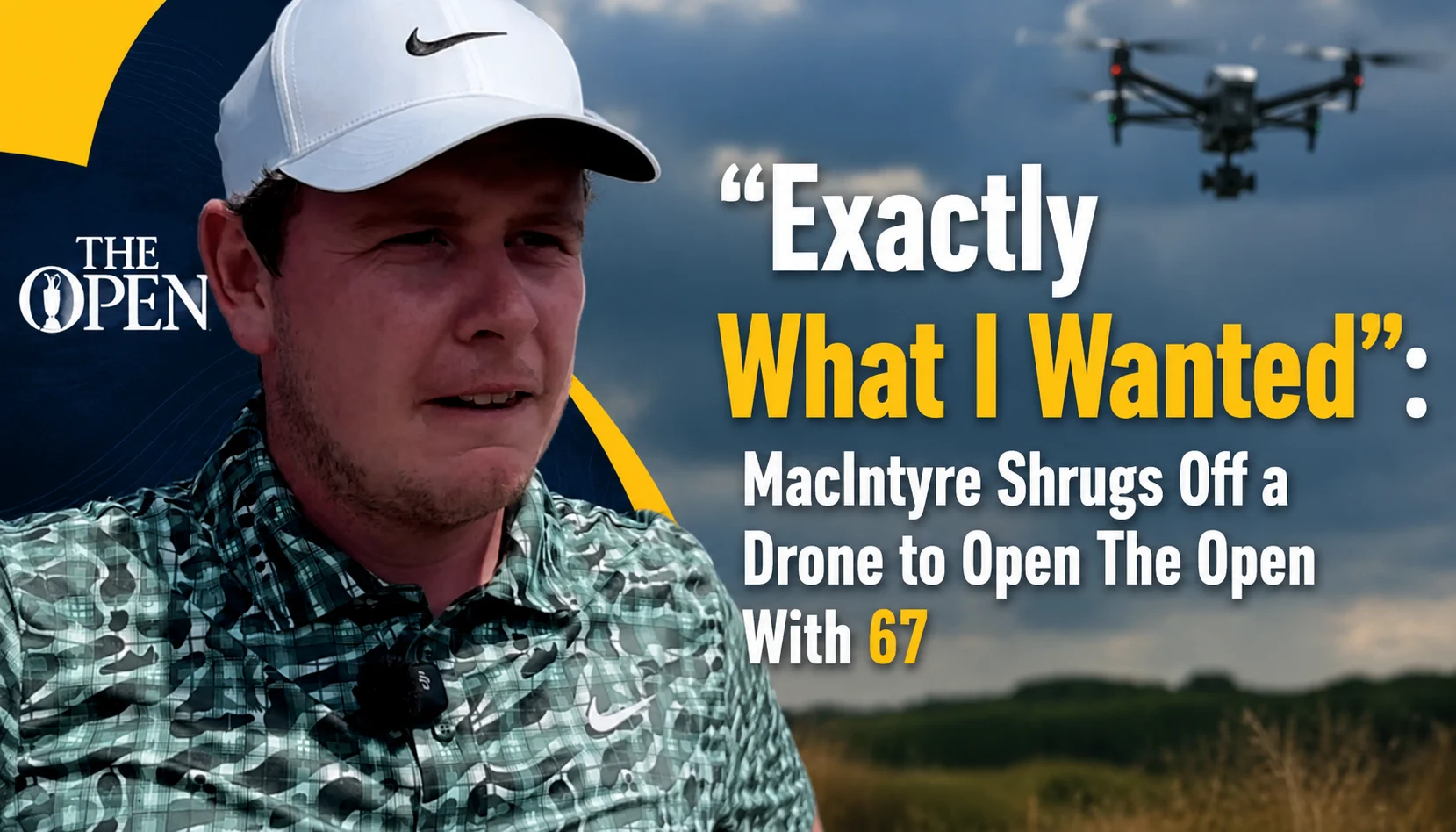 Robert MacIntyre playing a controlled tee shot at Royal Birkdale under a moody overcast sky