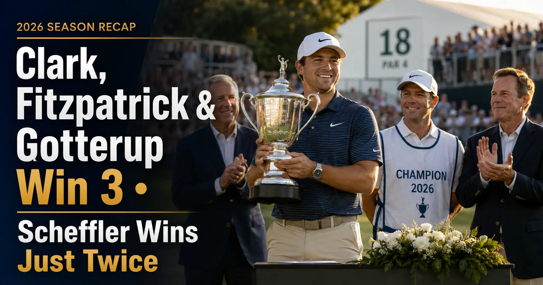 PGA Tour trophy presentation on the 18th green celebrating a 2026 tournament champion.