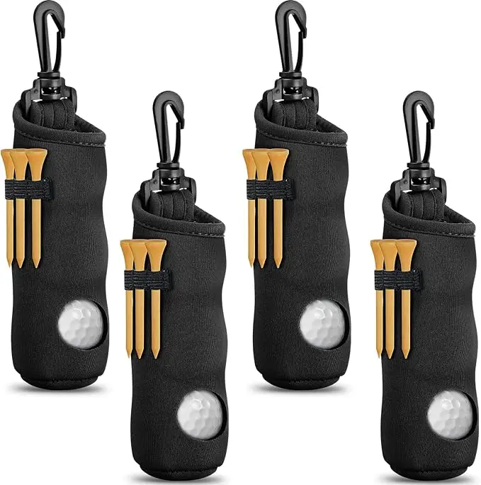 Neoprene clip-on golf ball and tee sleeve with swivel snap hook and tee slots