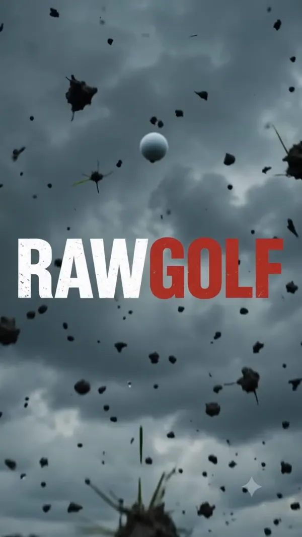 RAWGOLF — a golf ball and flying divots against a storm sky