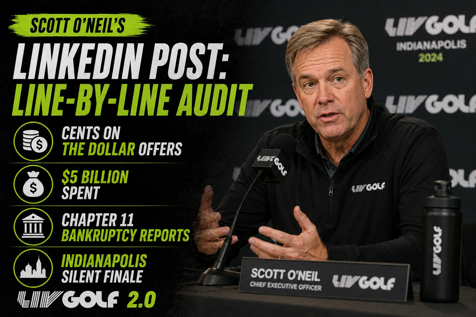 LIV Golf CEO Scott O'Neil speaking about the league's transition to LIV 2.0 amid Chapter 11 bankruptcy reports.