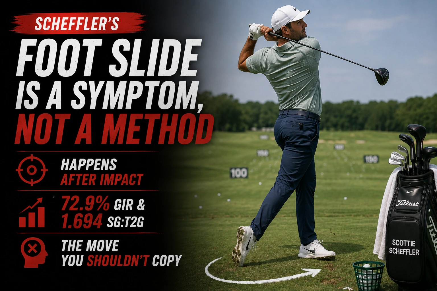 Scottie Scheffler demonstrating his dynamic golf swing follow-through with trail foot slide on the driving range.