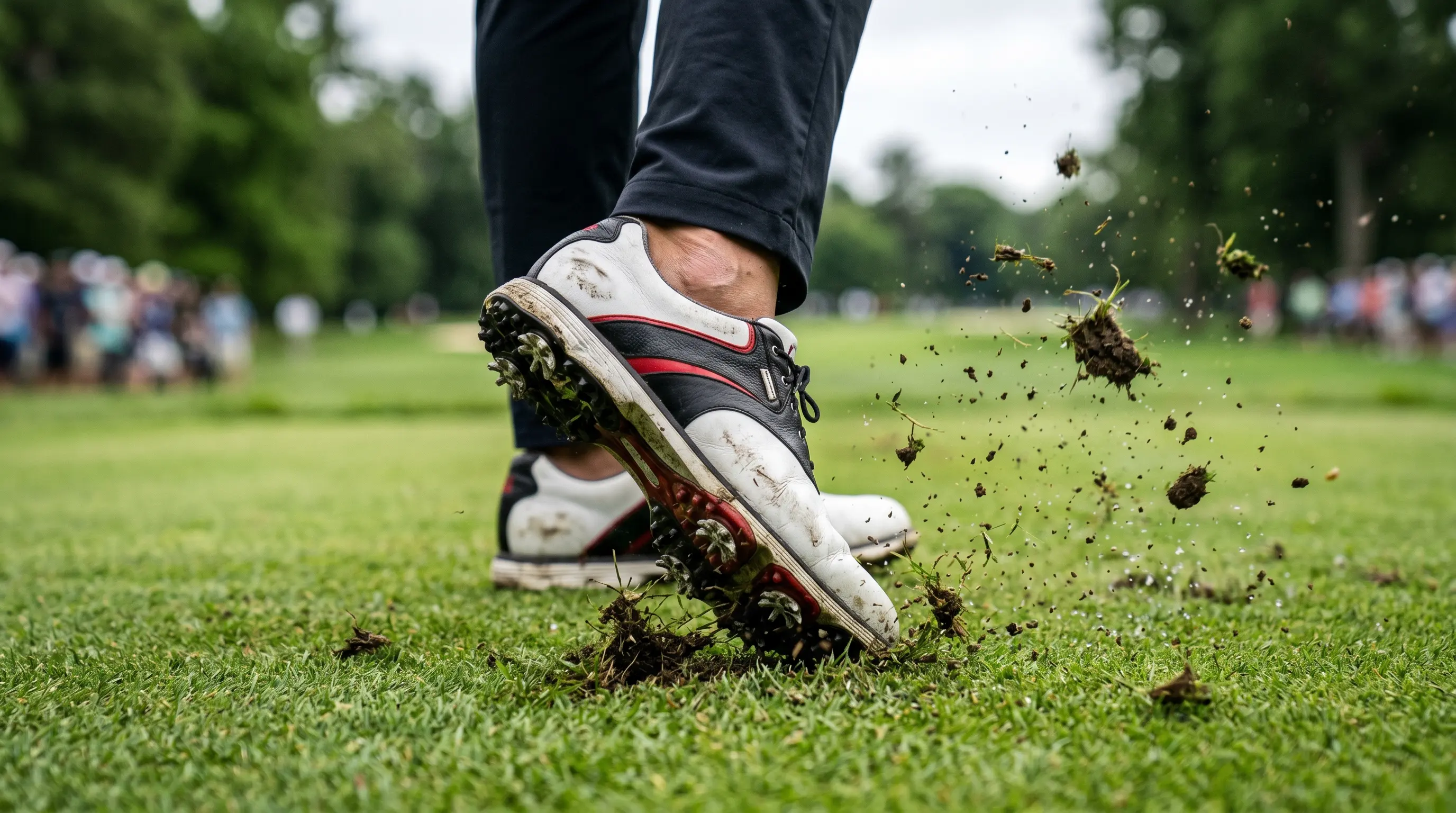 Close up of golfer's feet aggressively sliding on the turf during a high-speed swing