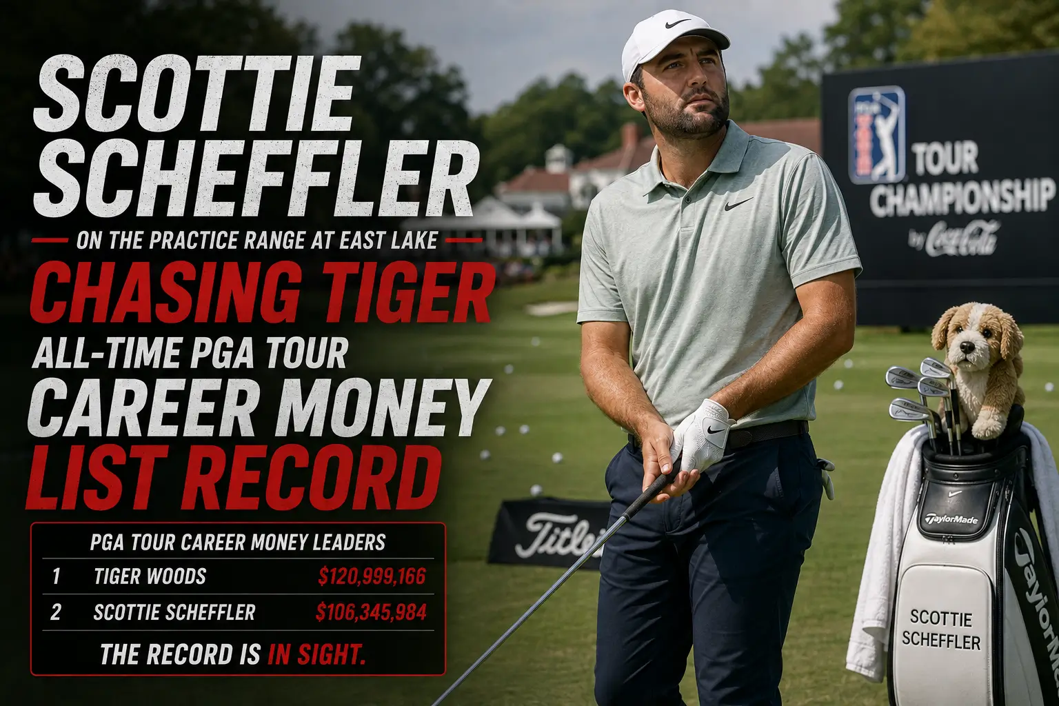 Scottie Scheffler on the practice range at East Lake chasing Tiger Woods' all-time PGA Tour career money list record.