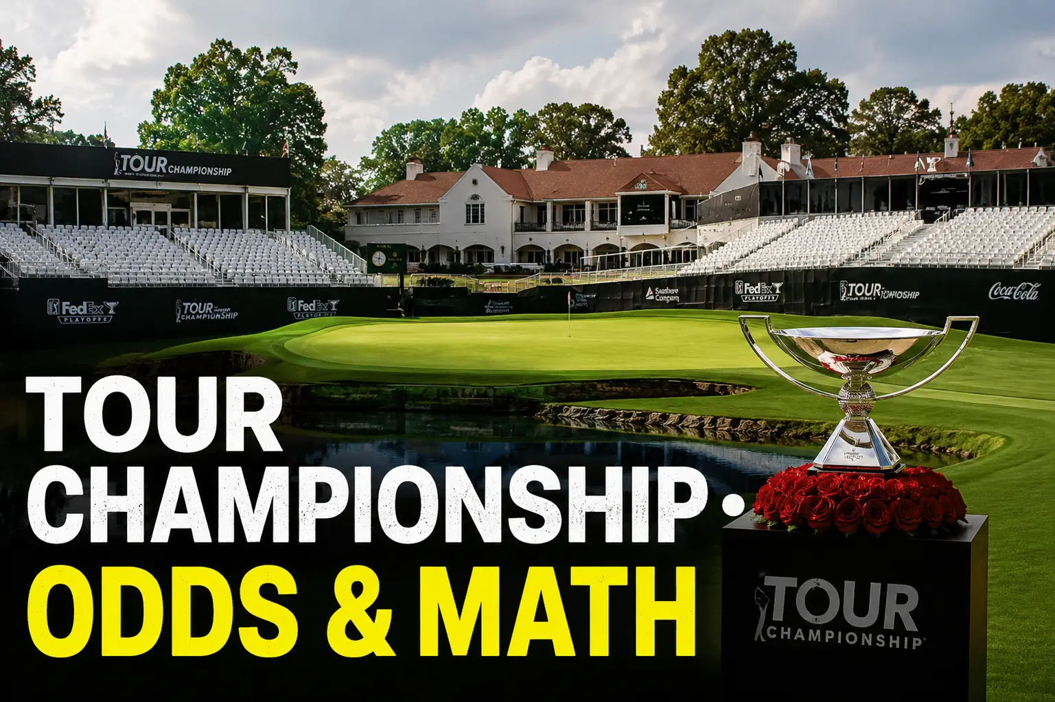 The 18th green grandstands and trophy presentation area at East Lake Golf Club ahead of the 2026 Tour Championship.