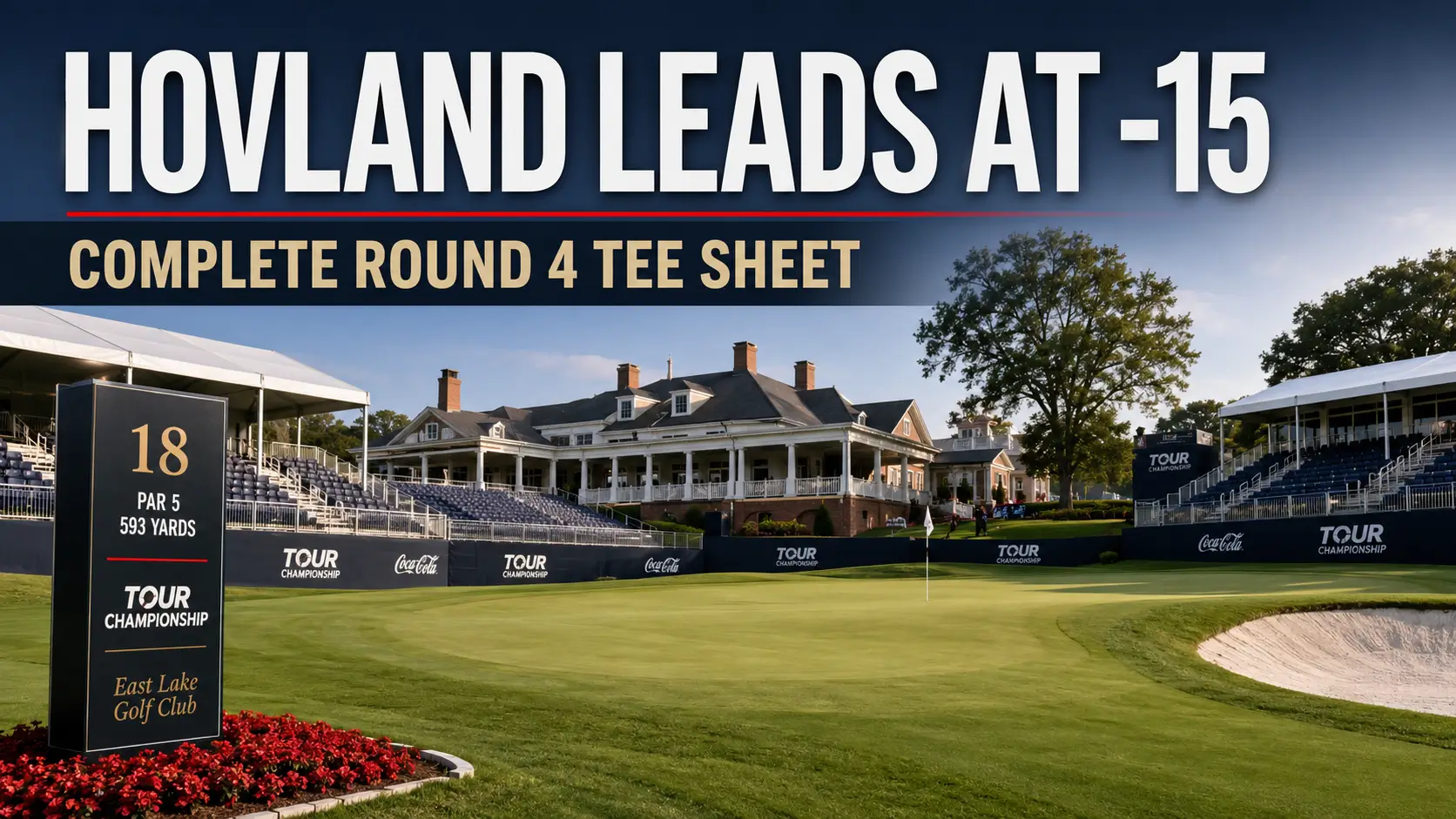 East Lake Golf Club 18th green and clubhouse grandstands ahead of Sunday's final round of the 2026 Tour Championship.