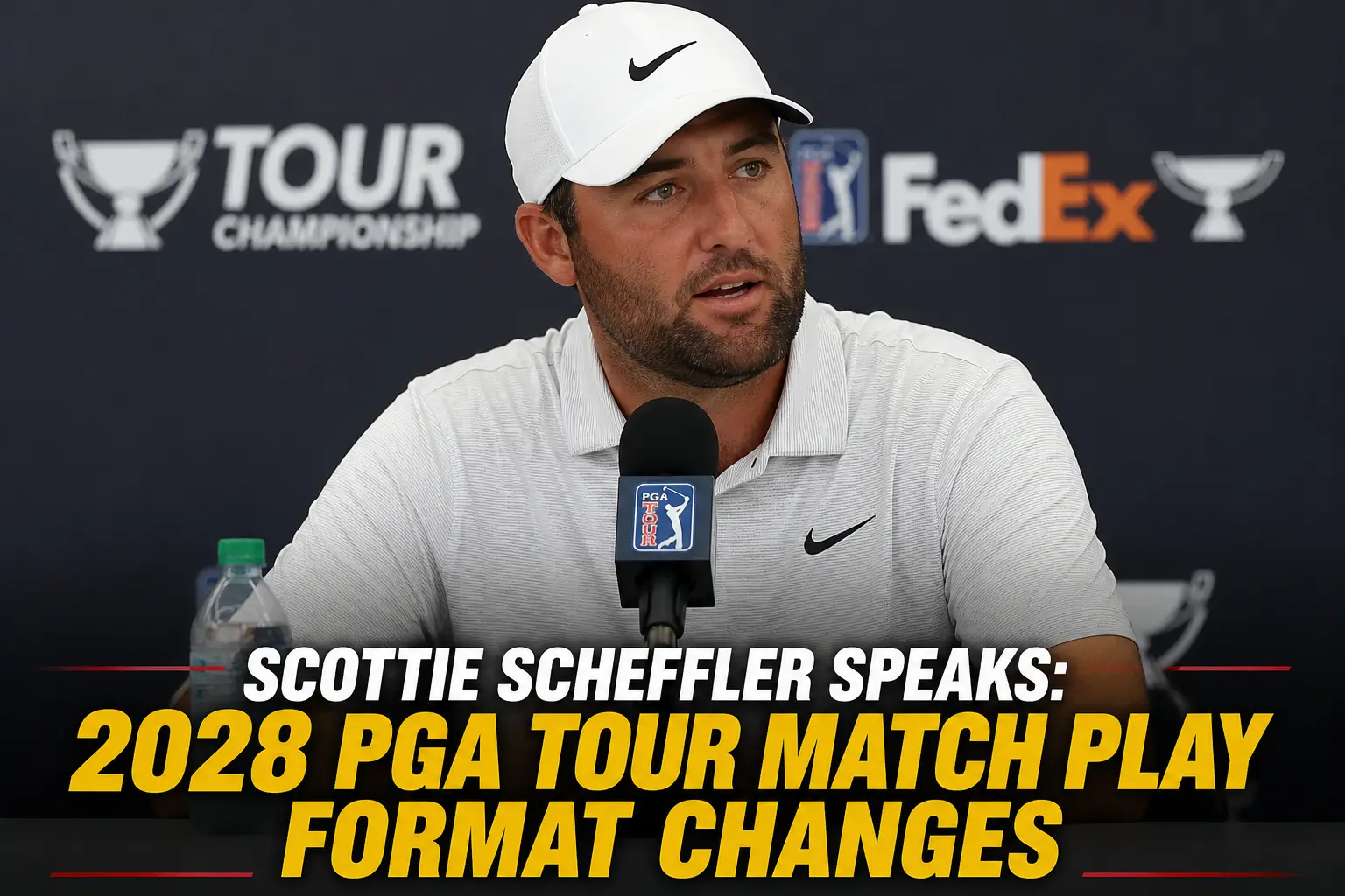 Scottie Scheffler speaking at a press conference at East Lake about the 2028 PGA Tour match play format changes.