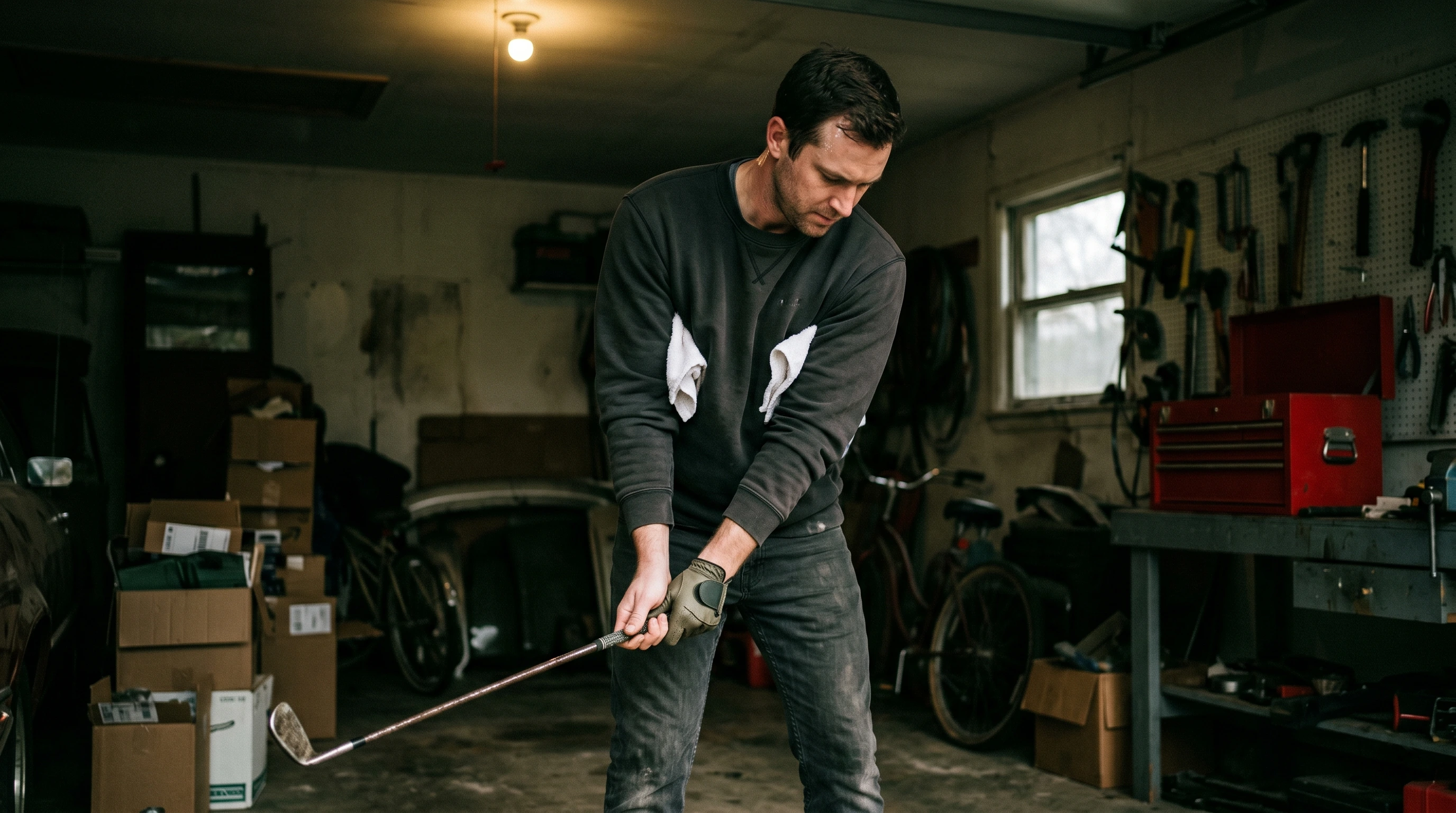 Golfer doing towel drill to keep arms and body connected during swing