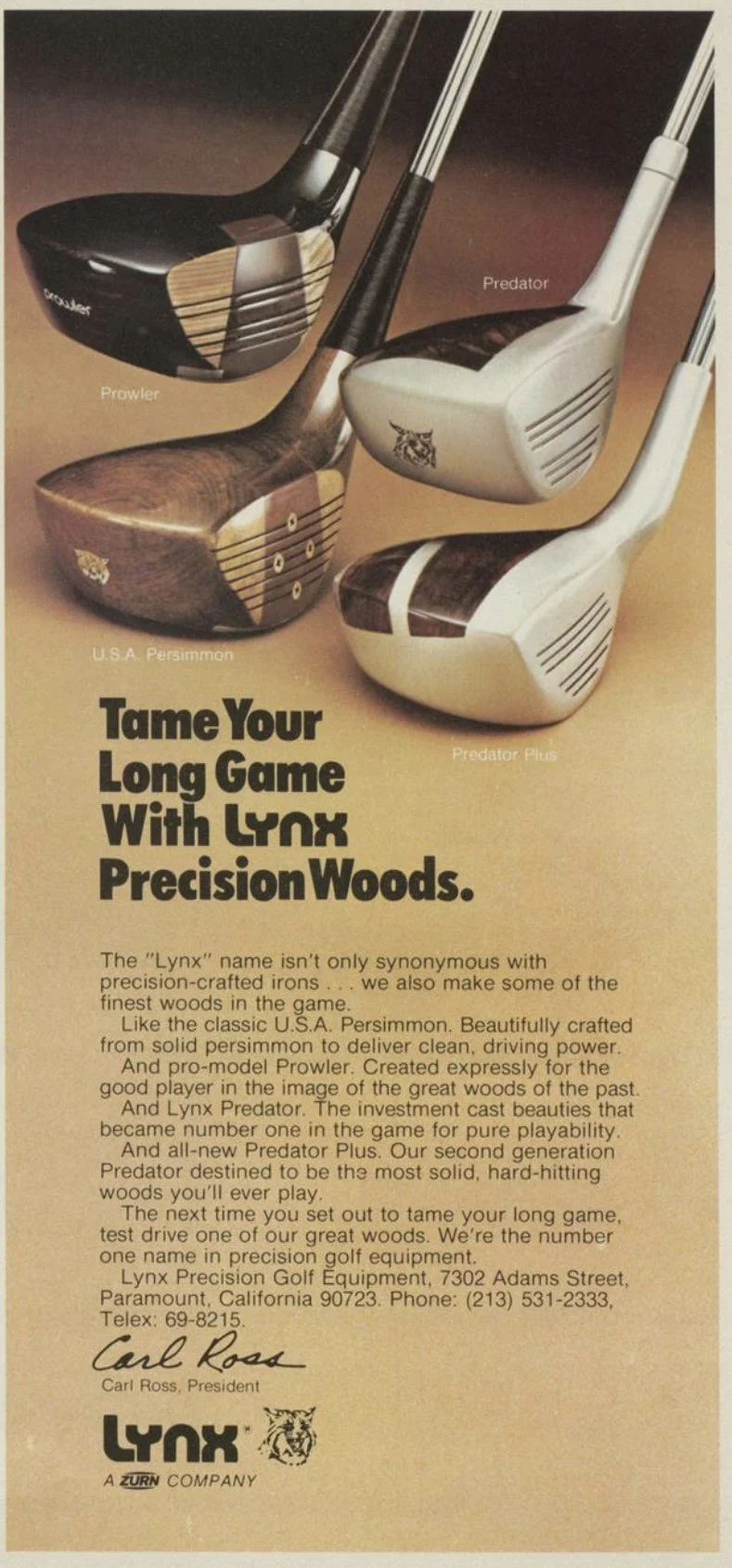 Vintage 1980 Lynx Precision Woods ad showing Prowler, Predator, USA Persimmon and Predator Plus club heads
